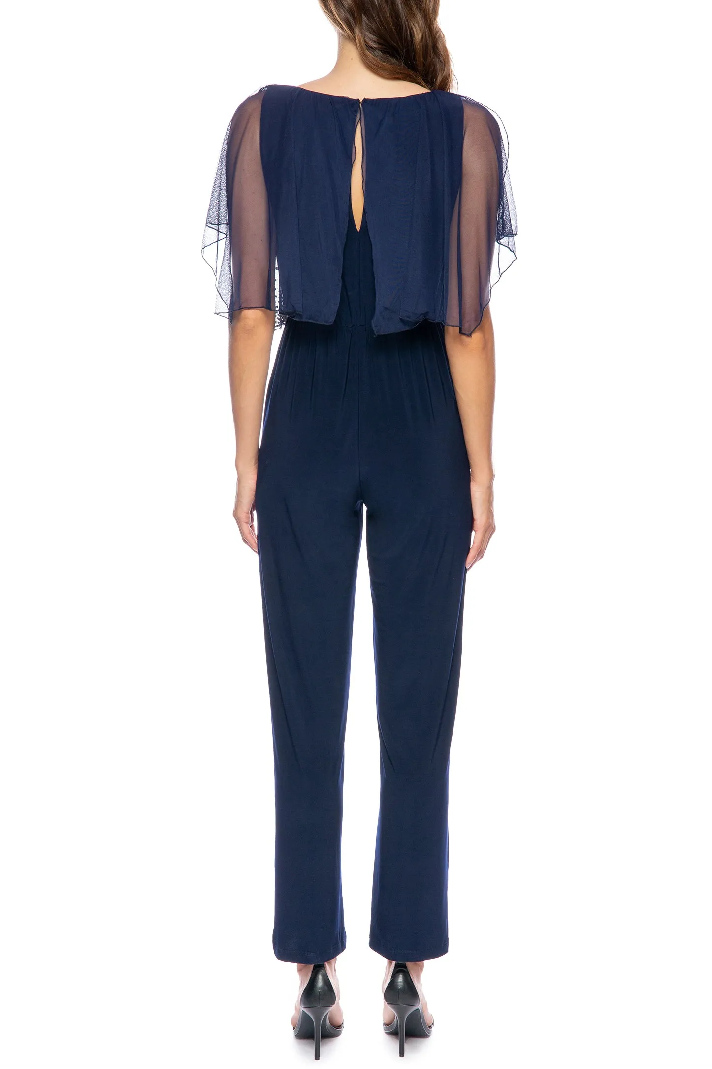 Marina boat neck slit shoulder hook back closure embellished mesh popover bodice jersey jumpsuit