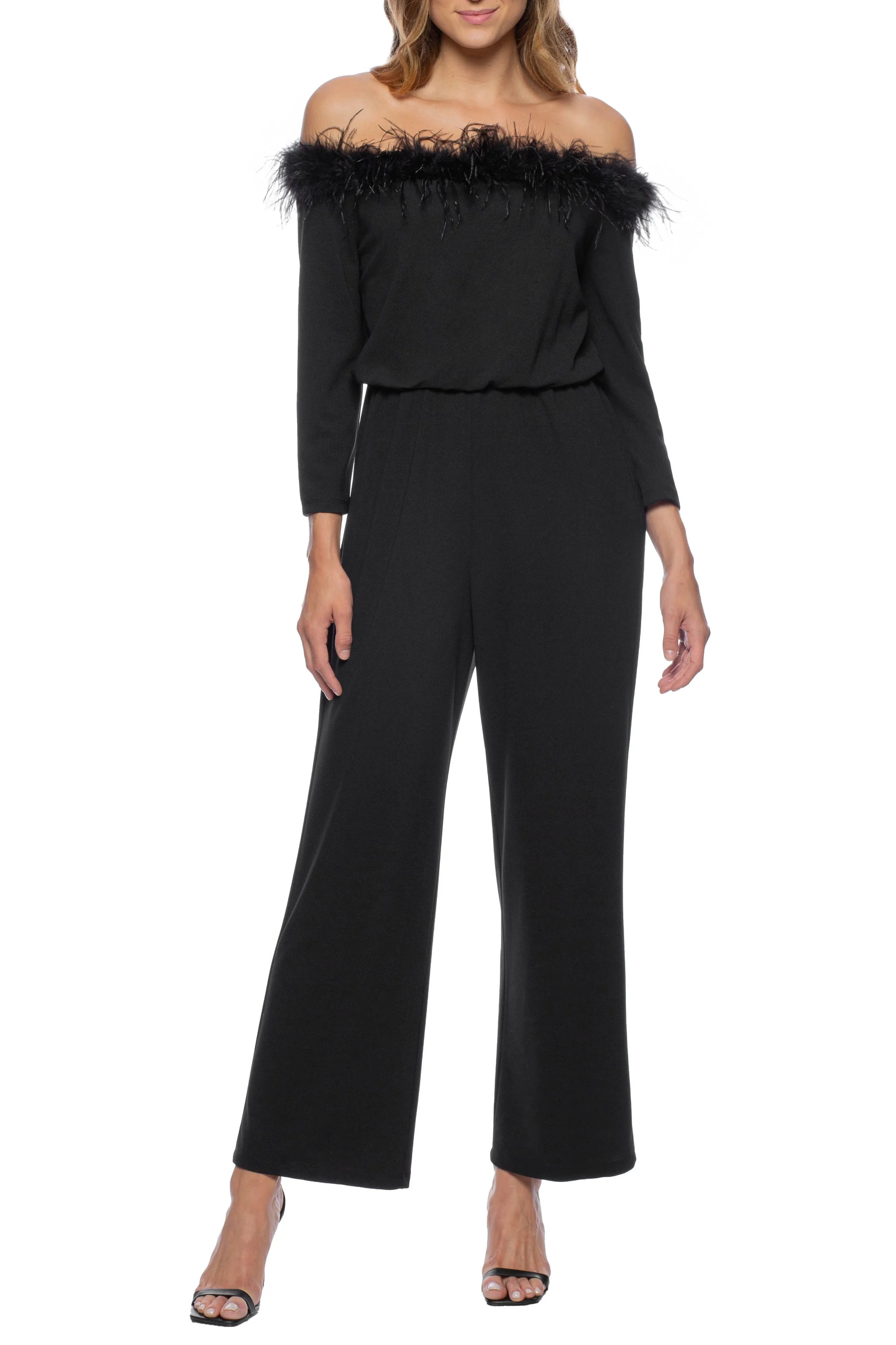 Marina feather detail off shoulder long sleeve zipper back blouson stretch crepe jumpsuit