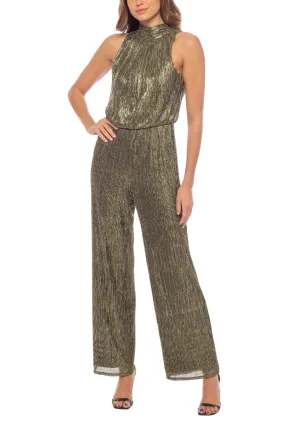 Marina Mock Neck Sleeveless Metallic Pleated Jumpsuit