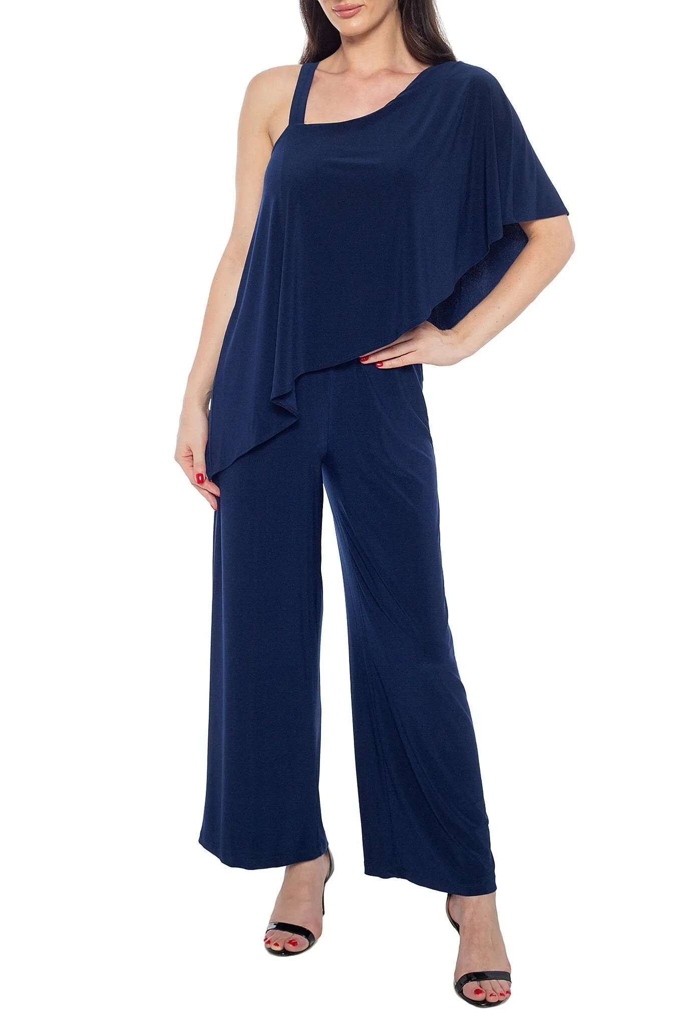 Marina One Shoulder Asymmetrical Neck Short Flutter Sleeve Wide Leg Jumpsuit