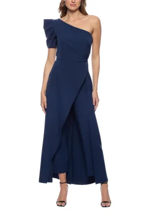 Marina Scuba Crepe One Shoulder Puff Sleeve Overlay Skirt Jumpsuit Dress