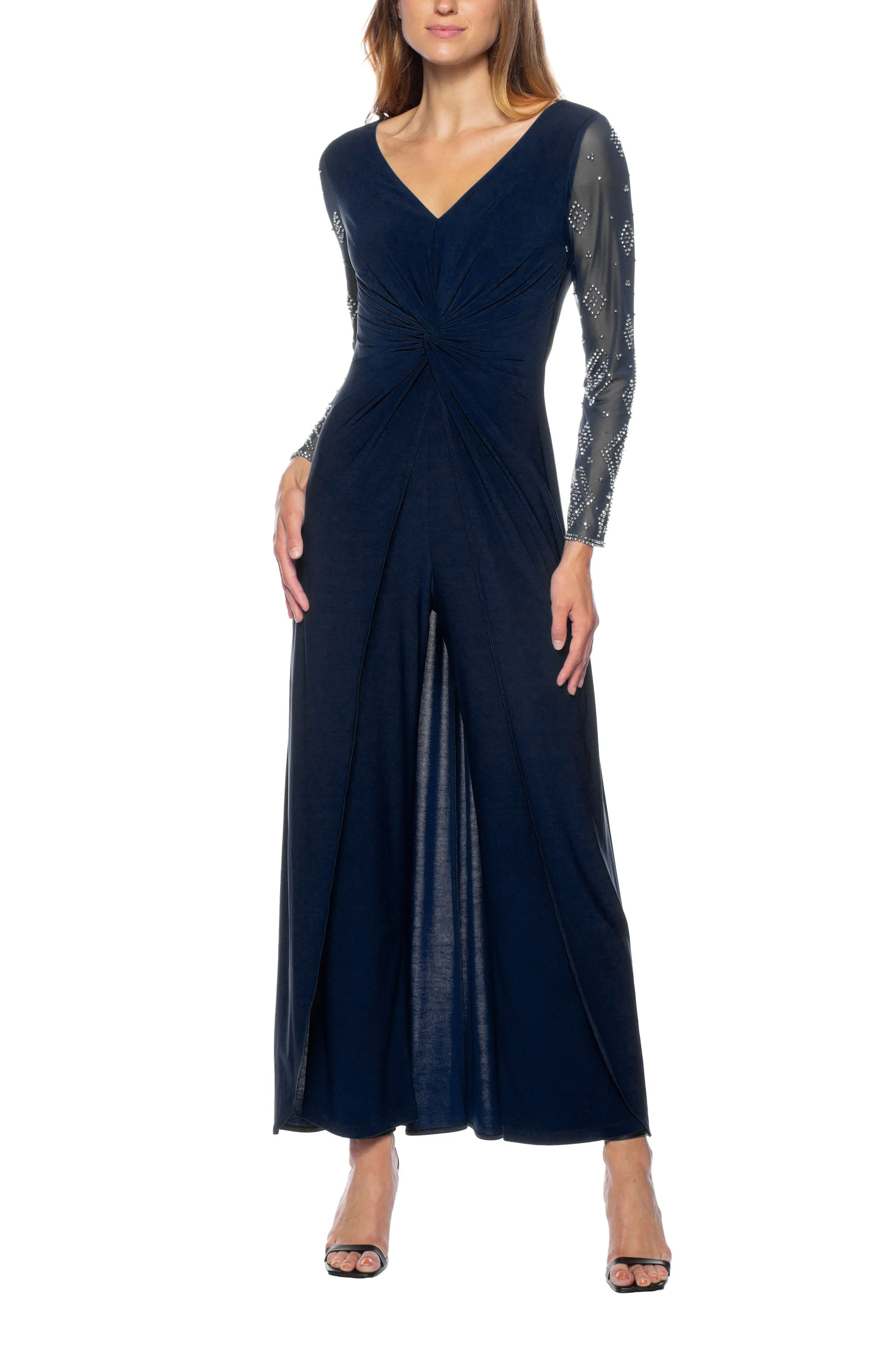 Marina V Neck Long Beaded Sleeves Back Zipper Knot Twist Jersey Jumpsuit