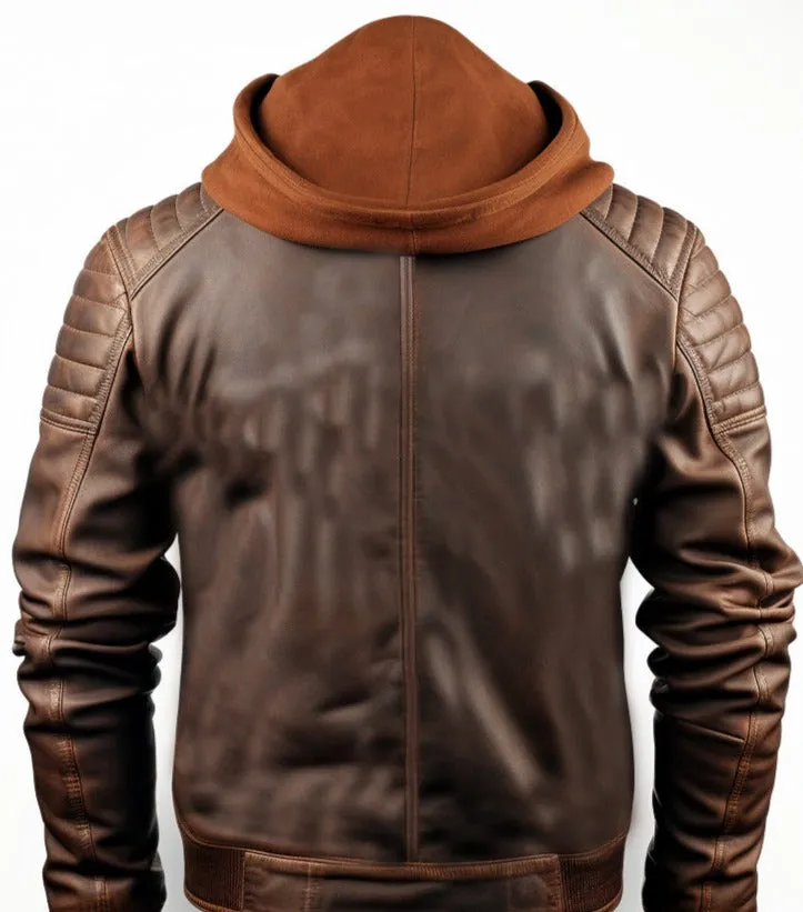 Men Voguish Brown Detachable Hooded Leather Jacket