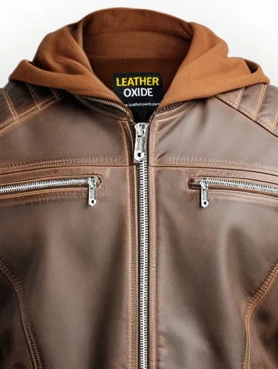 Men Voguish Brown Detachable Hooded Leather Jacket