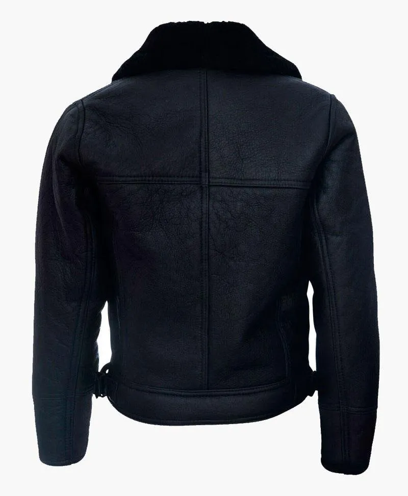 Men's Cross Zip Black Leather Jacket with Premium Fur Trim