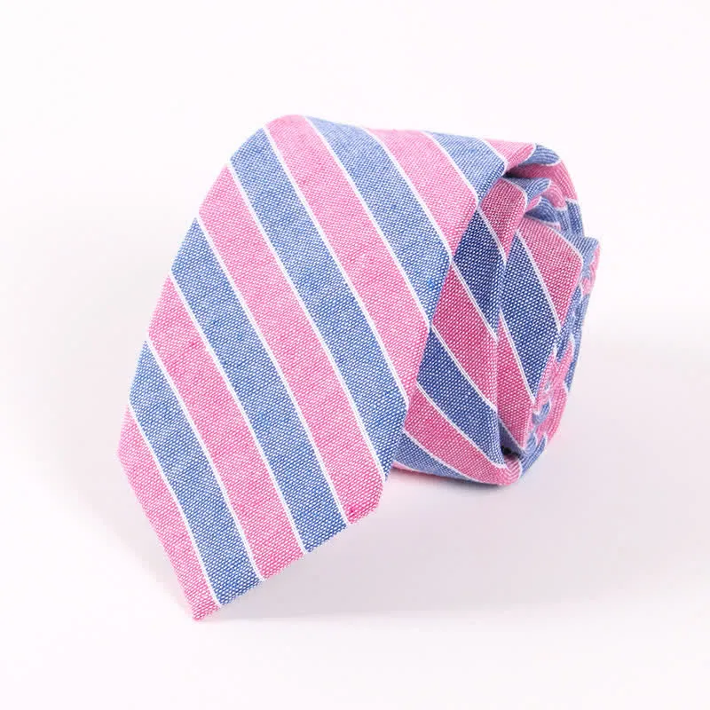 Men's Fresh Striped Plaid Pattern Skinny Cotton Necktie