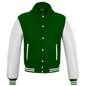 Mens Hoodie Wool body faux Leather Arm Sleeves College Letterman Varsity Hoodie Green/White