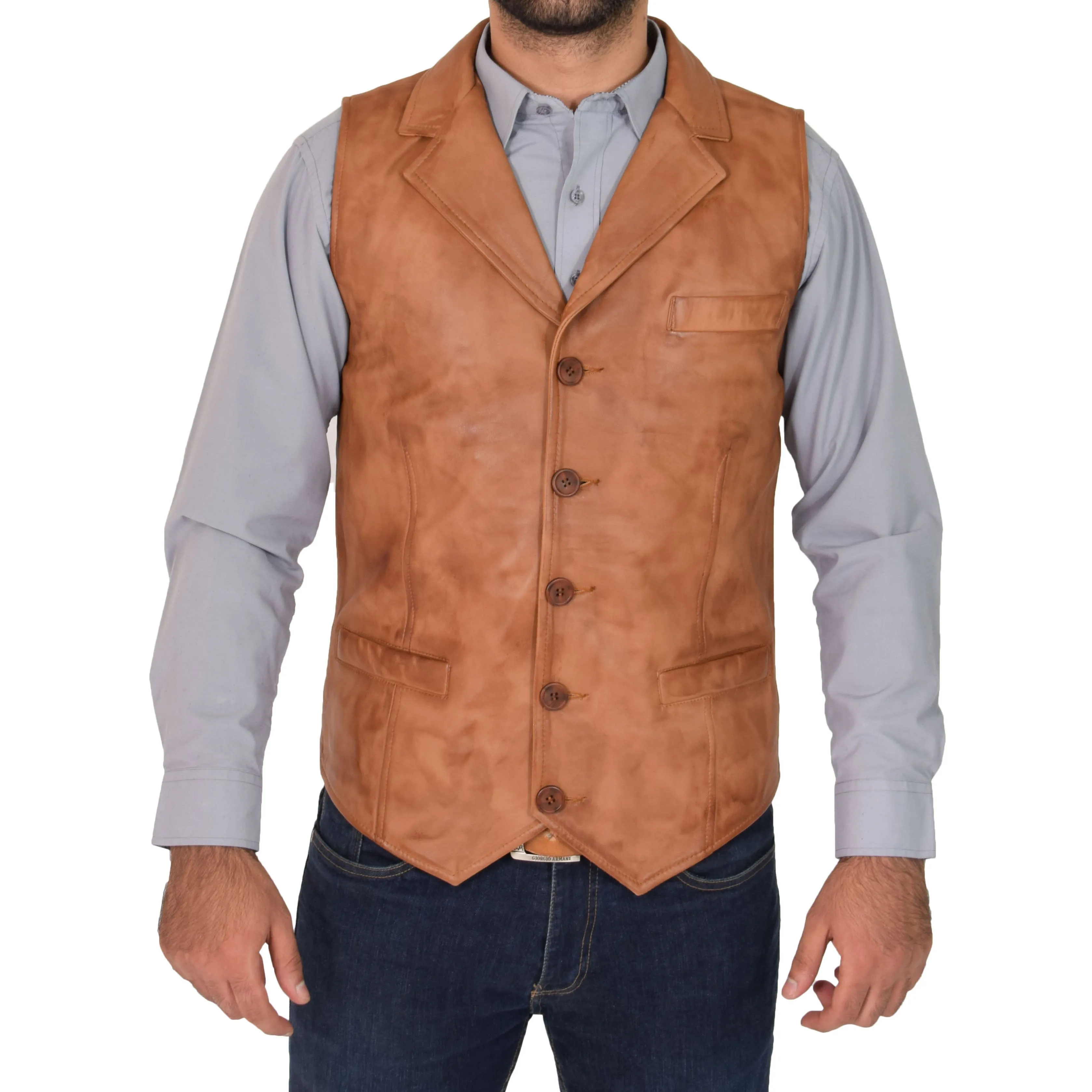 Mens Leather Buttoned Waistcoat Gilet Calvin Tan