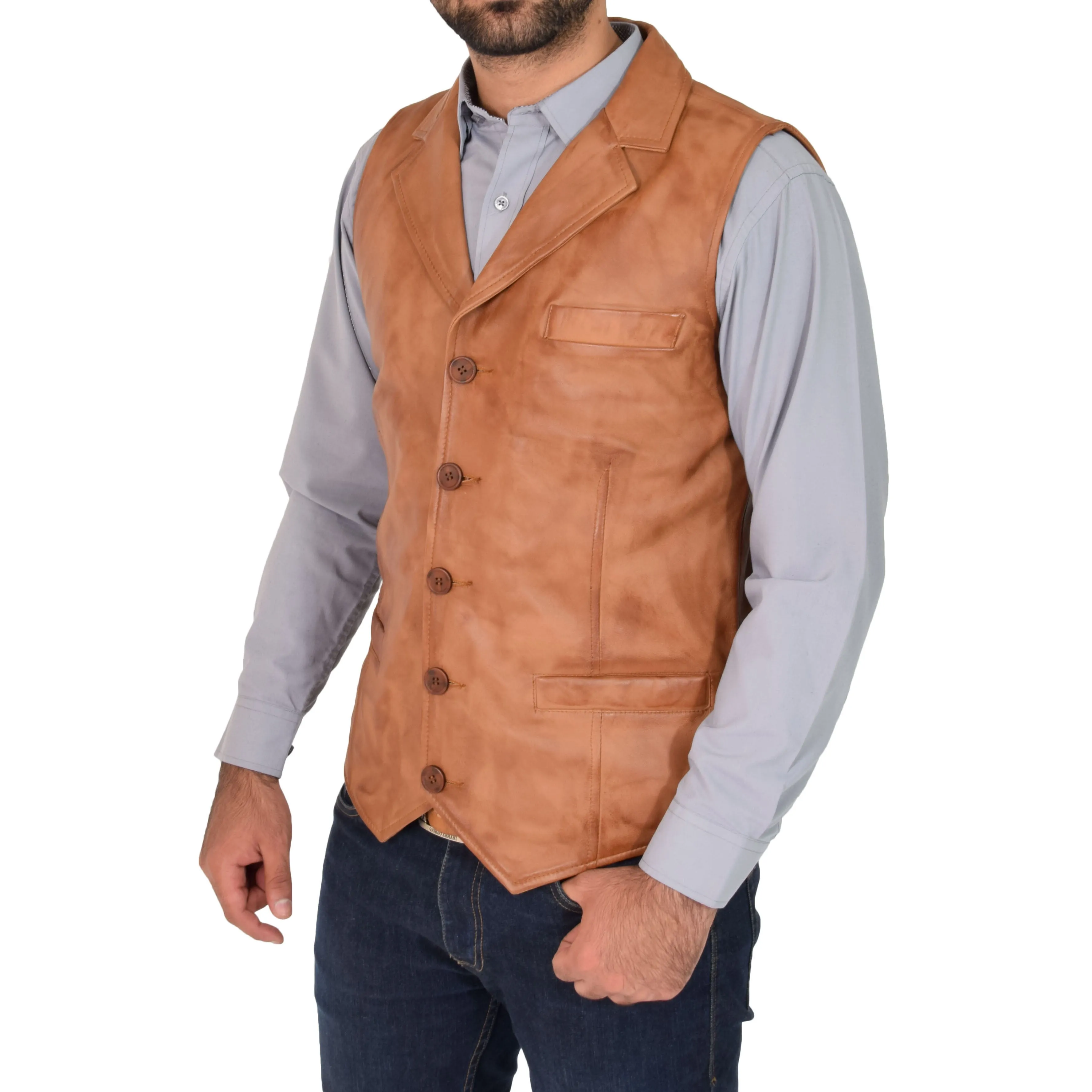 Mens Leather Buttoned Waistcoat Gilet Calvin Tan