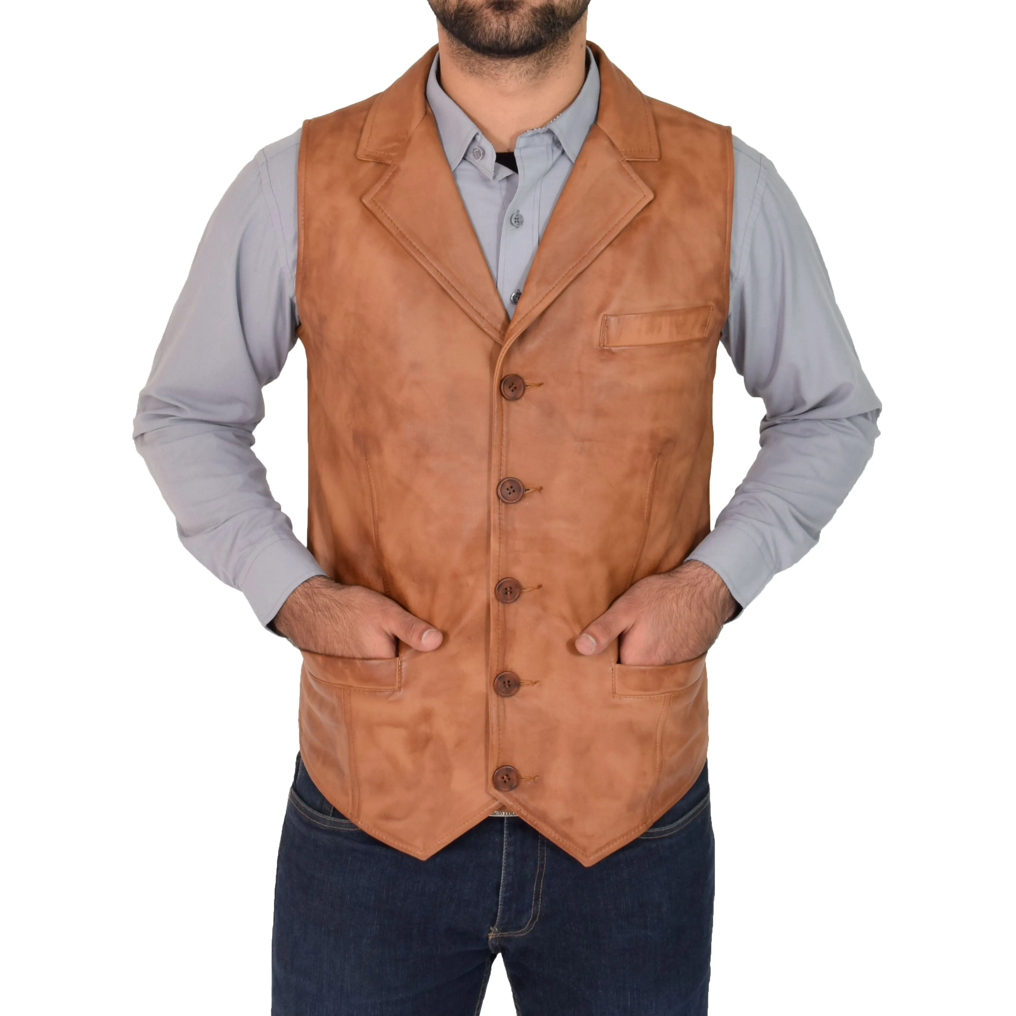 Mens Leather Buttoned Waistcoat Gilet Calvin Tan