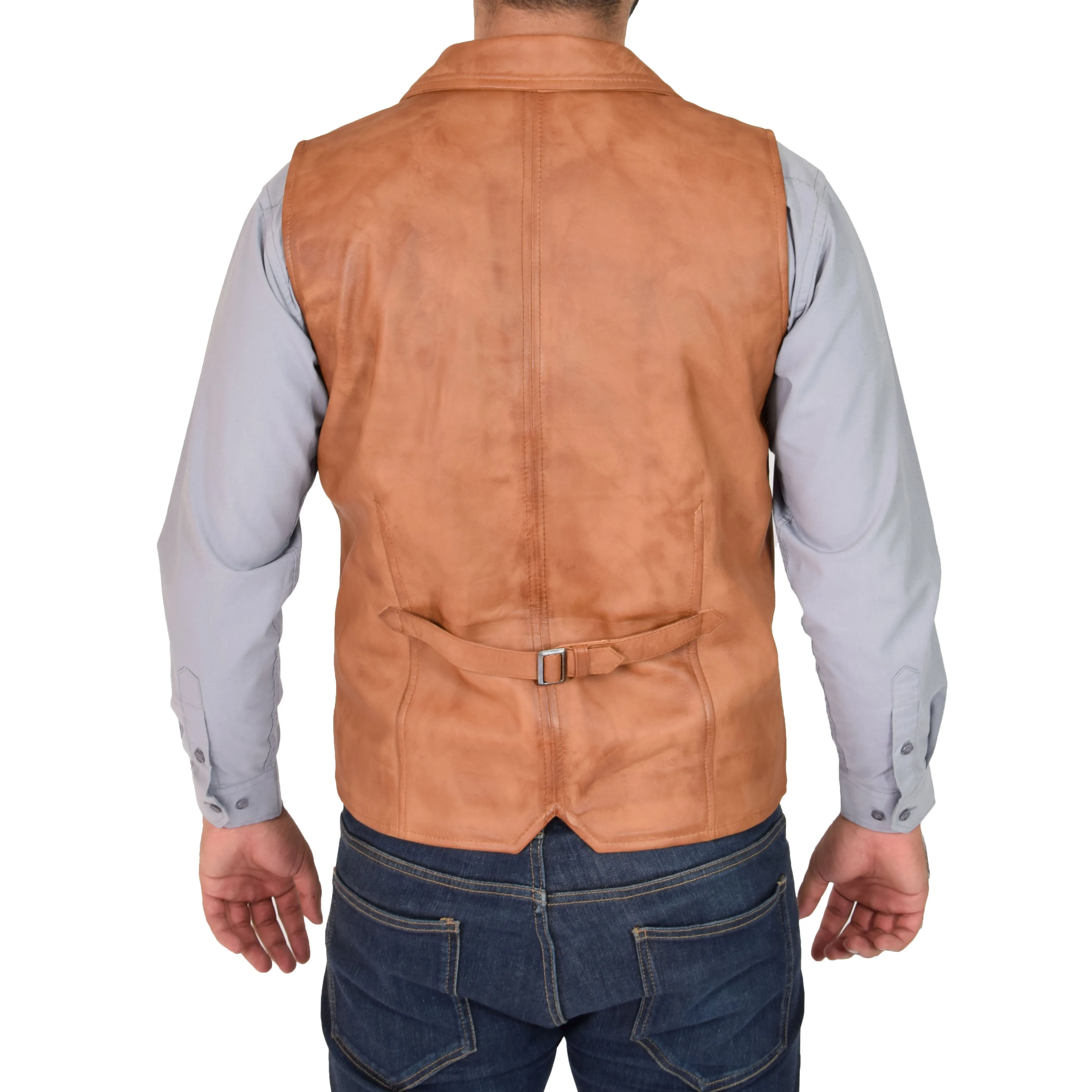 Mens Leather Buttoned Waistcoat Gilet Calvin Tan