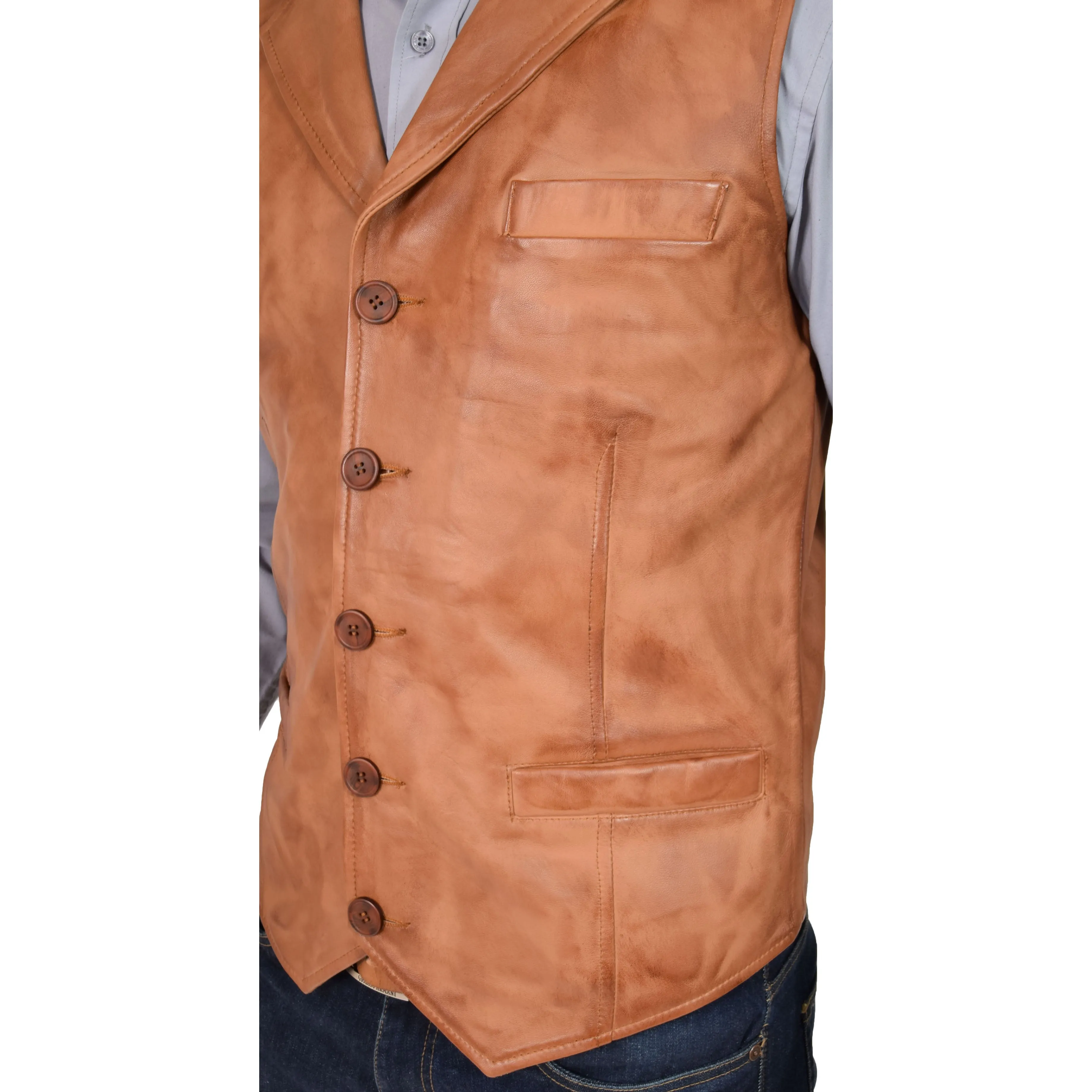 Mens Leather Buttoned Waistcoat Gilet Calvin Tan