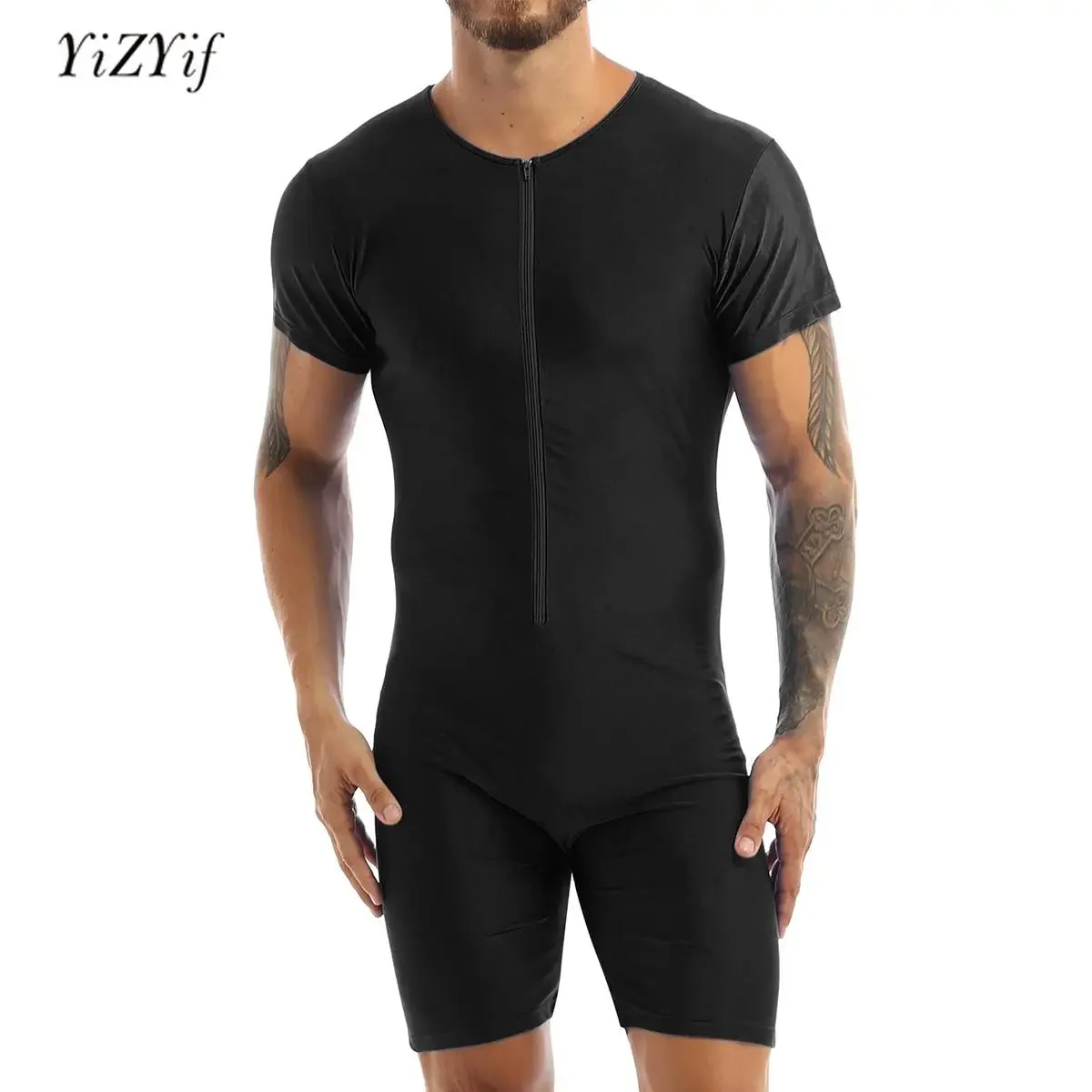 Mens One-piece Leotard Jumpsuit Pajamas Undershirts Male Short Sleeve Front Zipper Elastic Soft Boxer Briefs Bodysuit Swimwear