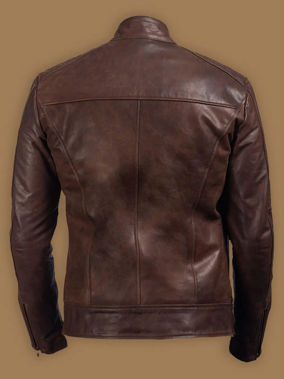 Men's Polished Brown Leather Jacket with Snap Tab Collar