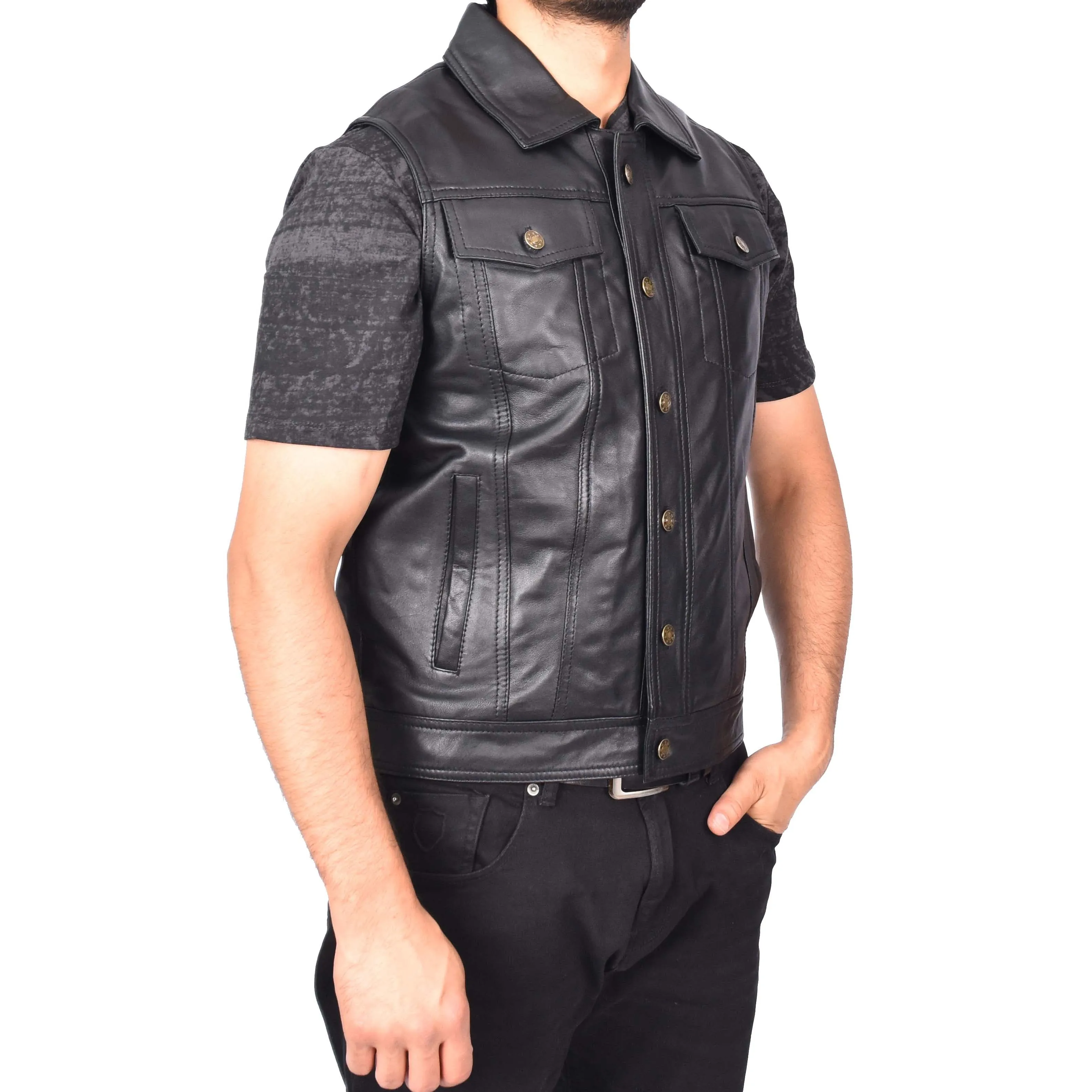 Men's Premium Leather Waistcoat Classic Trucker Style Sleeveless Vest Theo Black