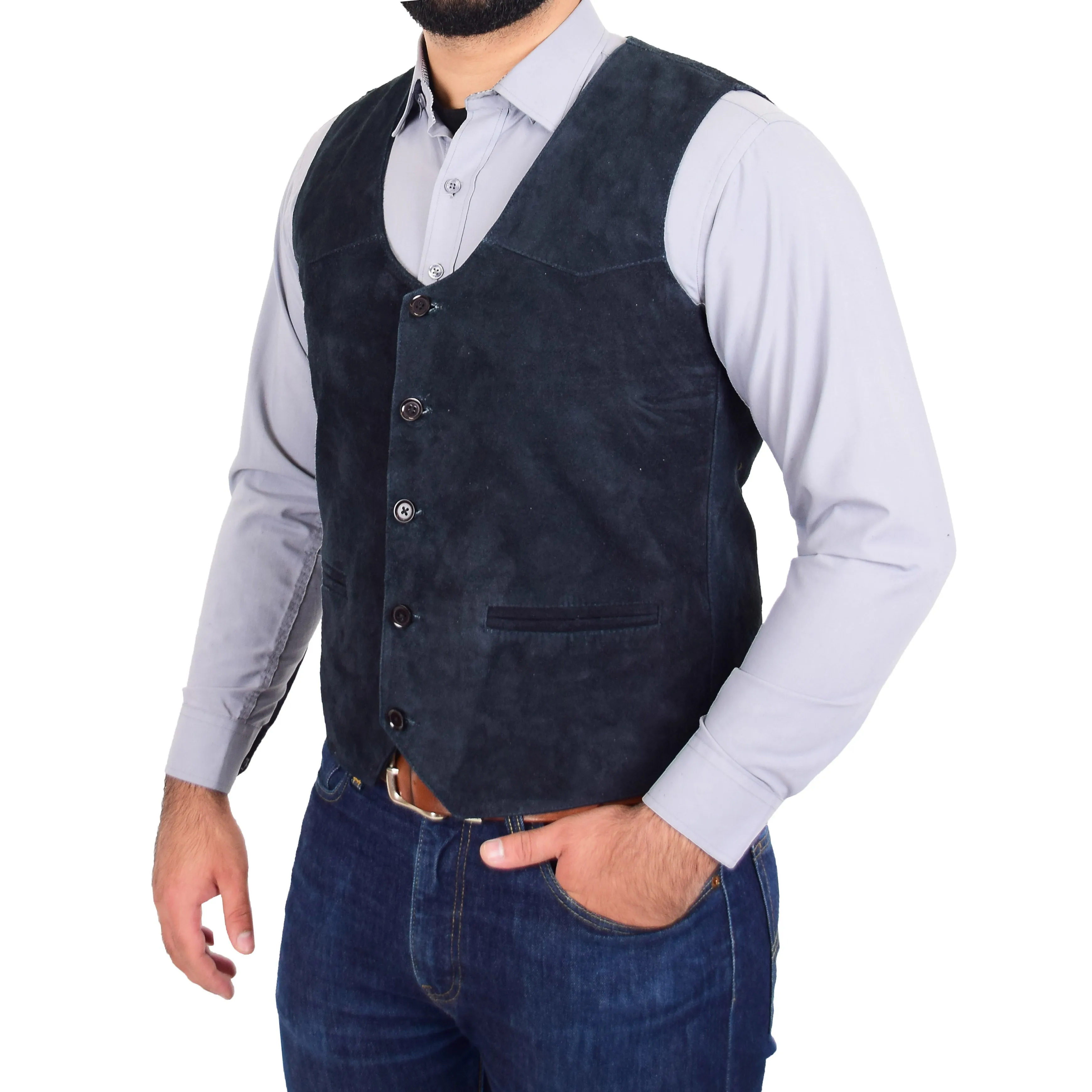 Mens Suede Button Fastening Waistcoat Don Navy