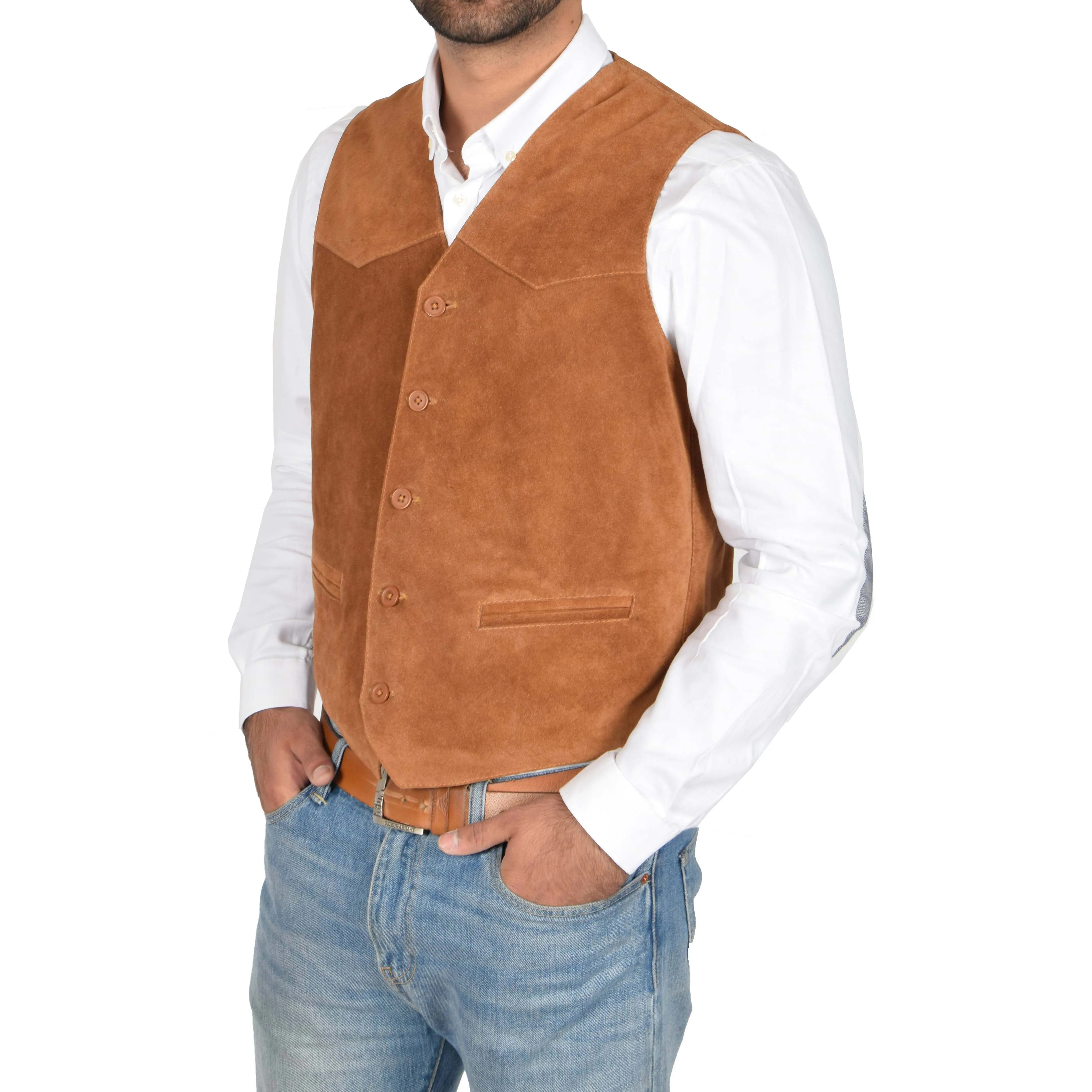 Mens Suede Button Fastening Waistcoat Don Tan