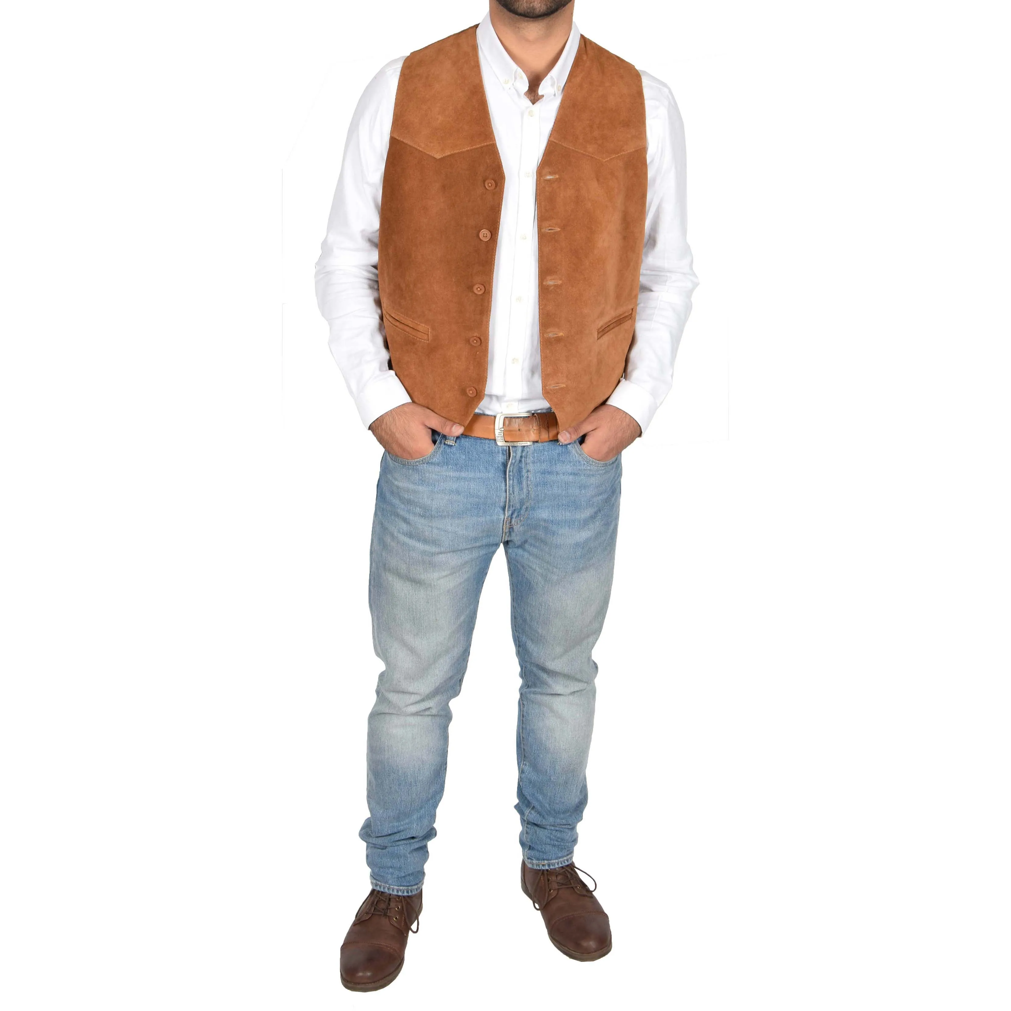 Mens Suede Button Fastening Waistcoat Don Tan