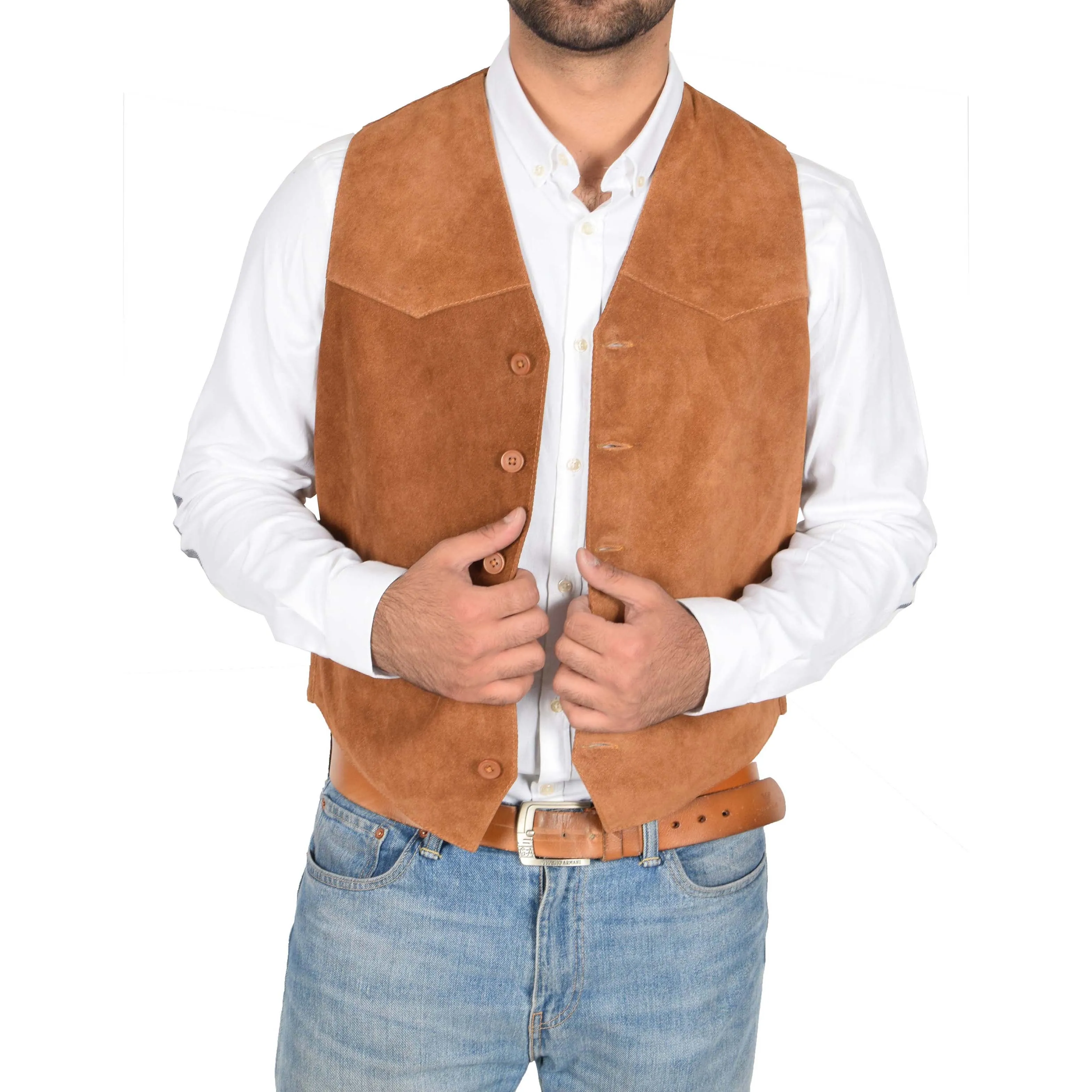 Mens Suede Button Fastening Waistcoat Don Tan