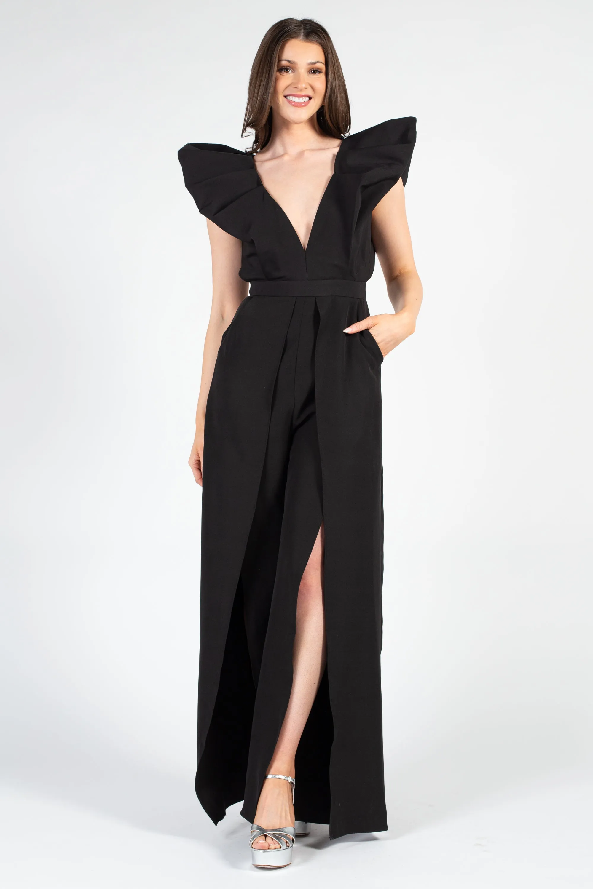 Meredith Neoprene Split Wide Leg Jumpsuit