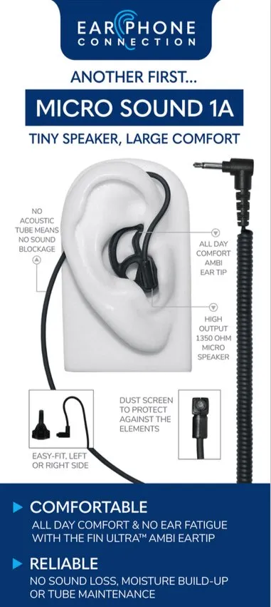 Micro Sound 1A - Tubeless Listen Only 3.5mm Earphone Kit w/No Sound Loss - Black or Clear