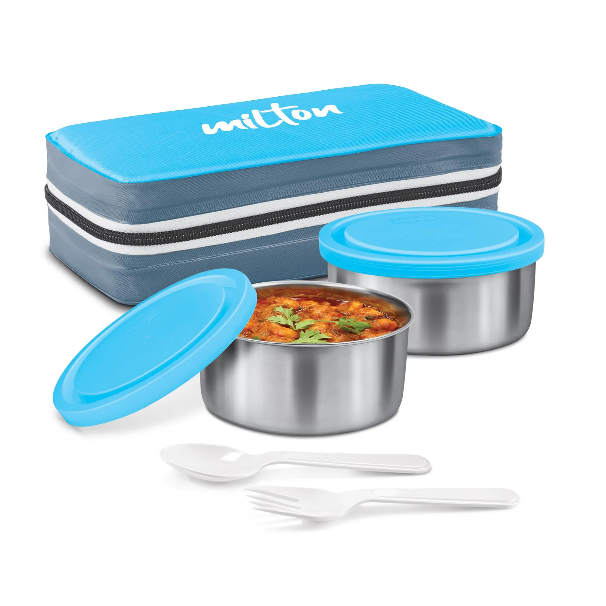 MILTON New Mini Lunch Insulated Tiffin, Set of 2, (280 ml Each), with Jacket, Cyan | Light Weight | Leak Proof | Easy to Carry