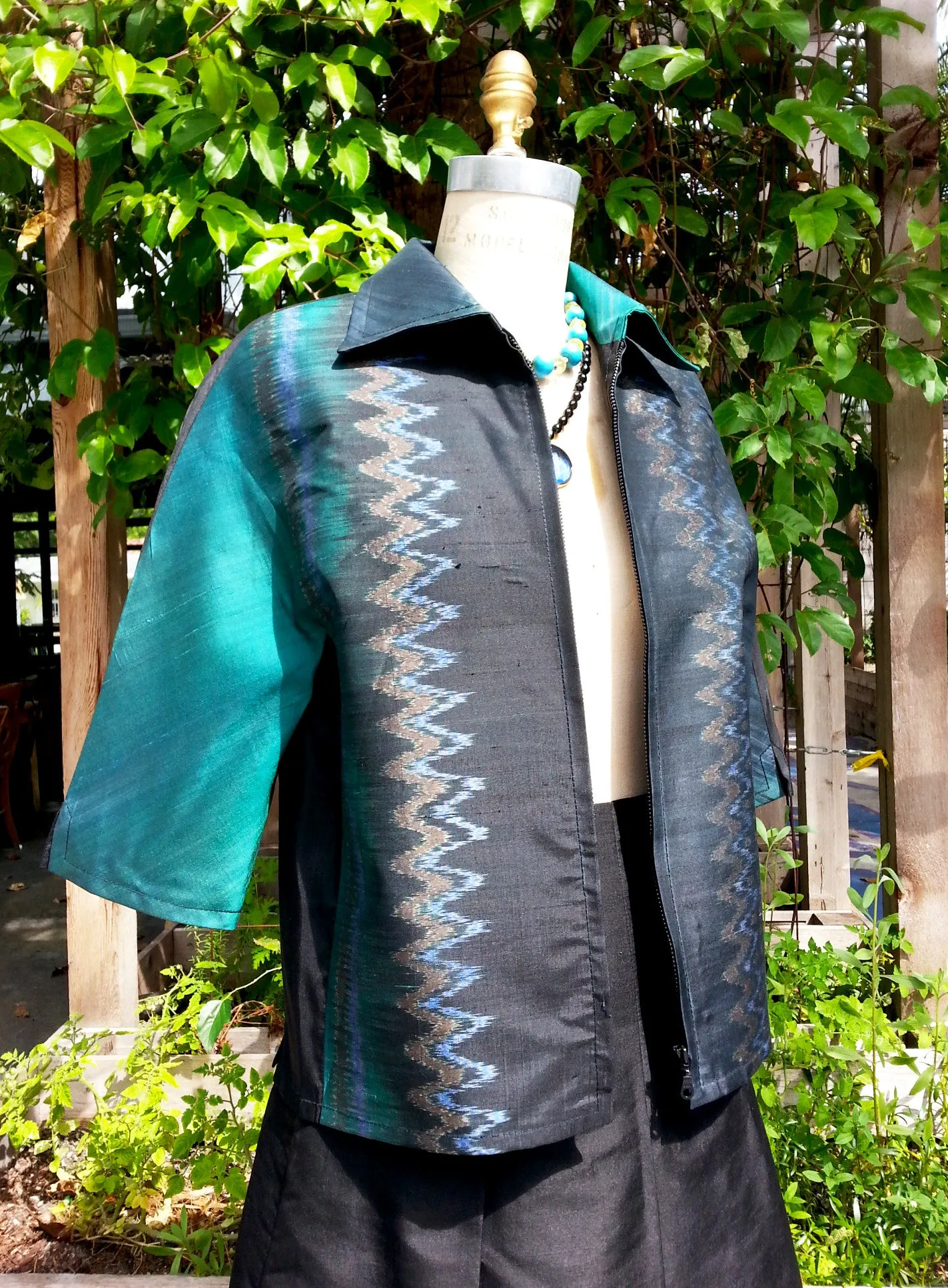 Modern Ikat Couture Cut Jacket Black and Green