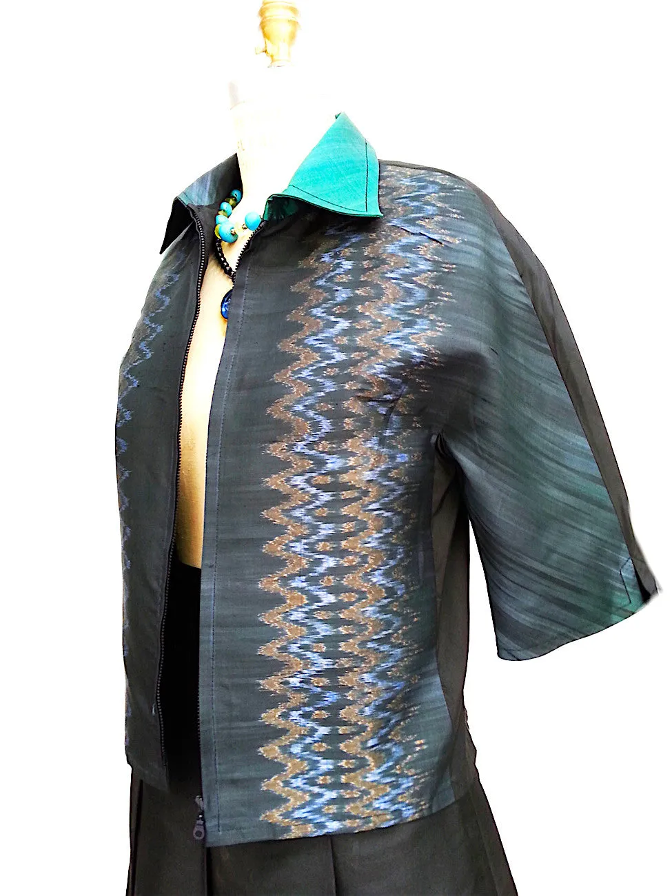 Modern Ikat Couture Cut Jacket Black and Green