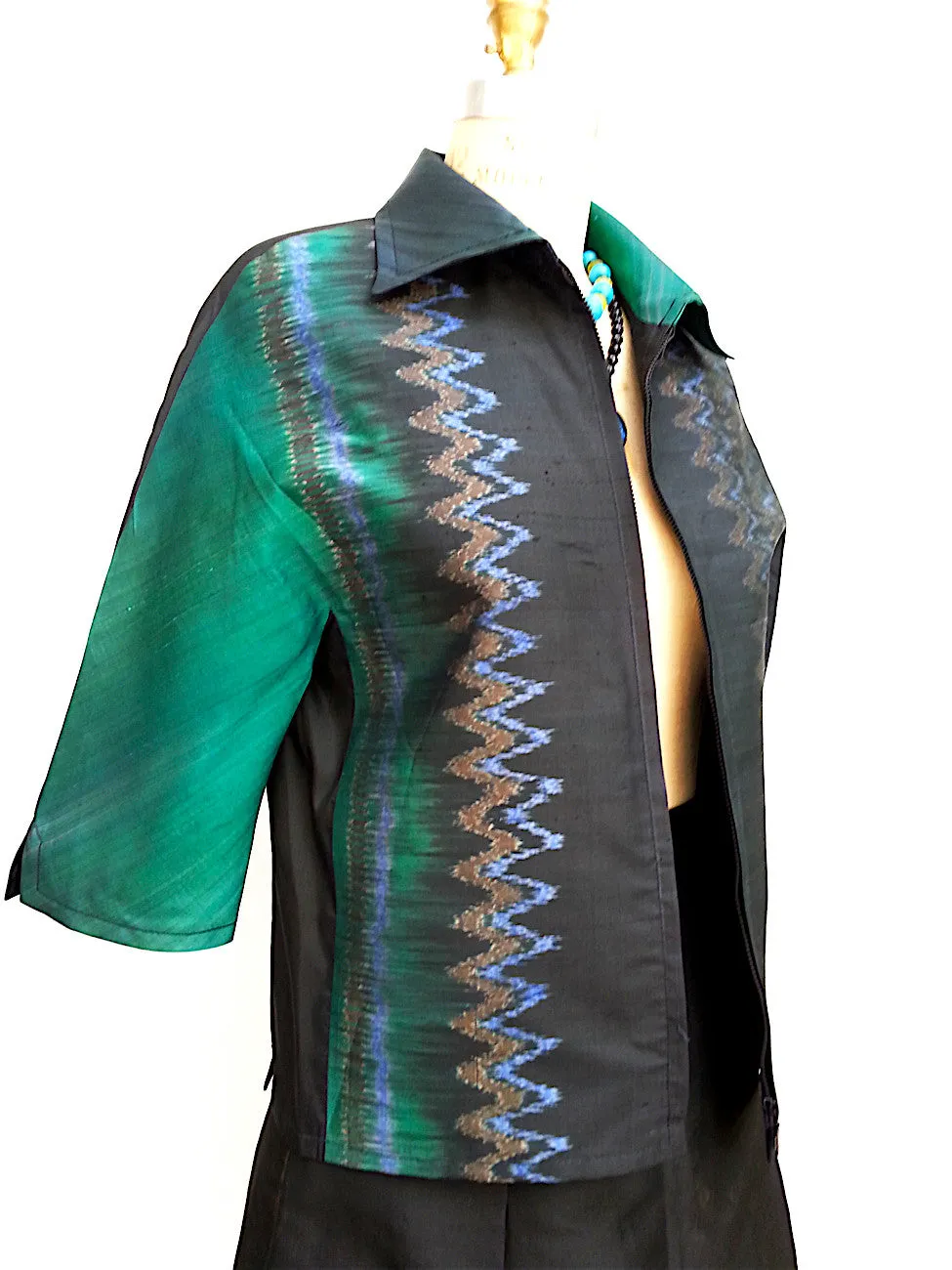 Modern Ikat Couture Cut Jacket Black and Green