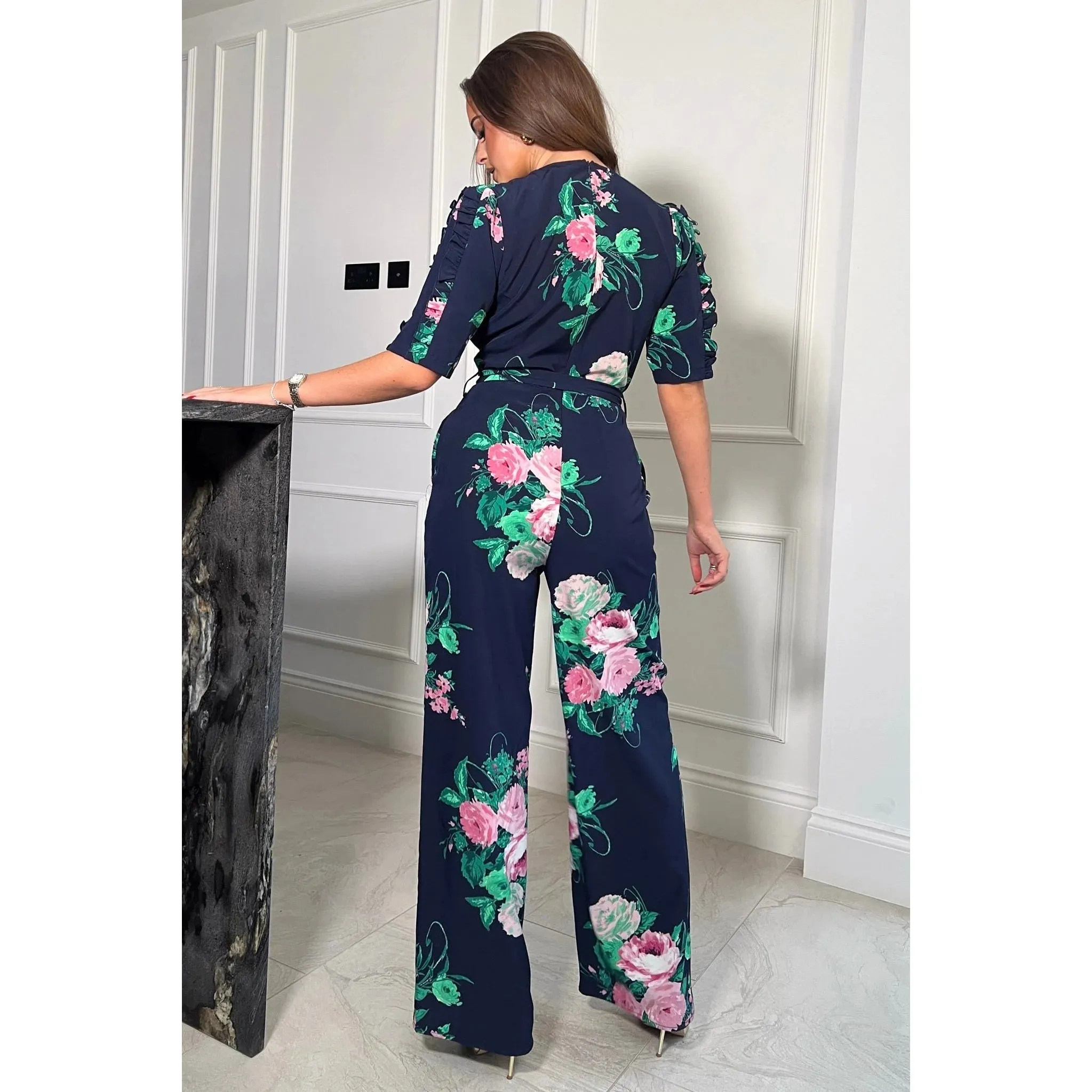 Navy Floral Wrap-over top Wide Leg Jumpsuit with Pockets