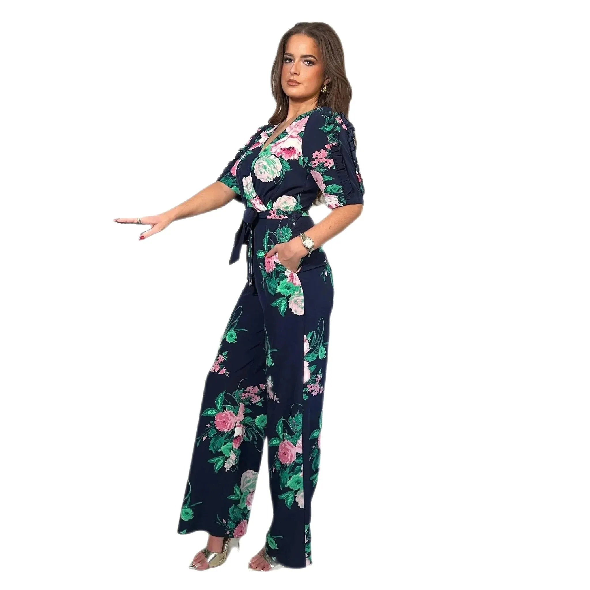 Navy Floral Wrap-over top Wide Leg Jumpsuit with Pockets