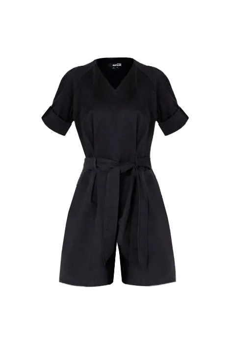 Navy Short Sleeve Cotton V-Neck Tie-Waist Short Casual Jumpsuit ANGELA