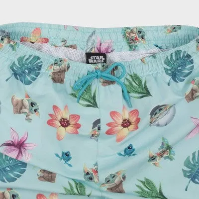 New - Star Wars: The Mandalorian Men's 7" Elastic Waist Baby Yoda Swim Shorts - Turquoise Blue S