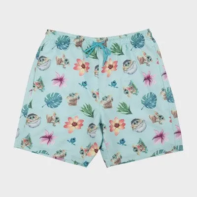 New - Star Wars: The Mandalorian Men's 7" Elastic Waist Baby Yoda Swim Shorts - Turquoise Blue S