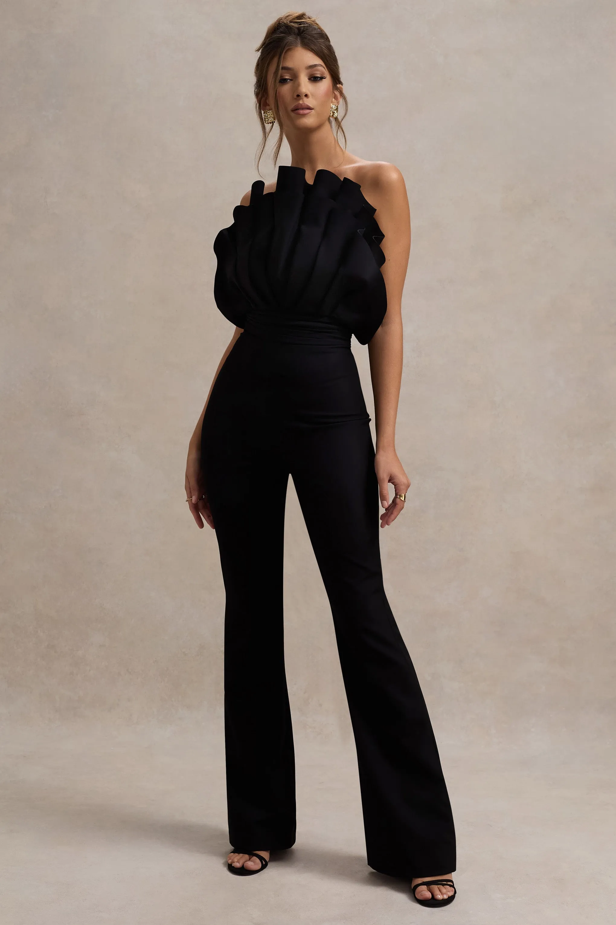 Nicia | Black Ruffled Strapless Flared-Leg Jumpsuit