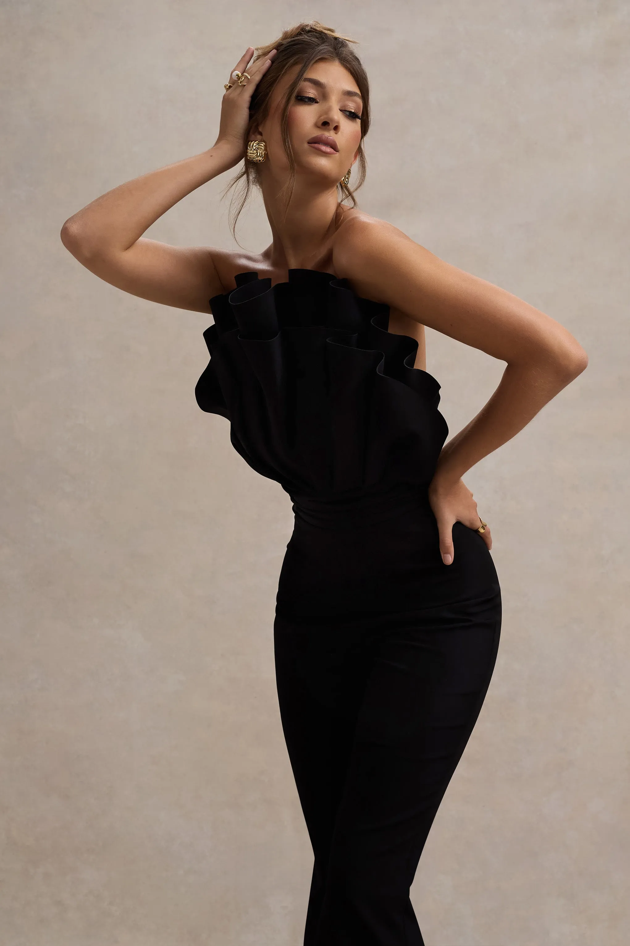 Nicia | Black Ruffled Strapless Flared-Leg Jumpsuit