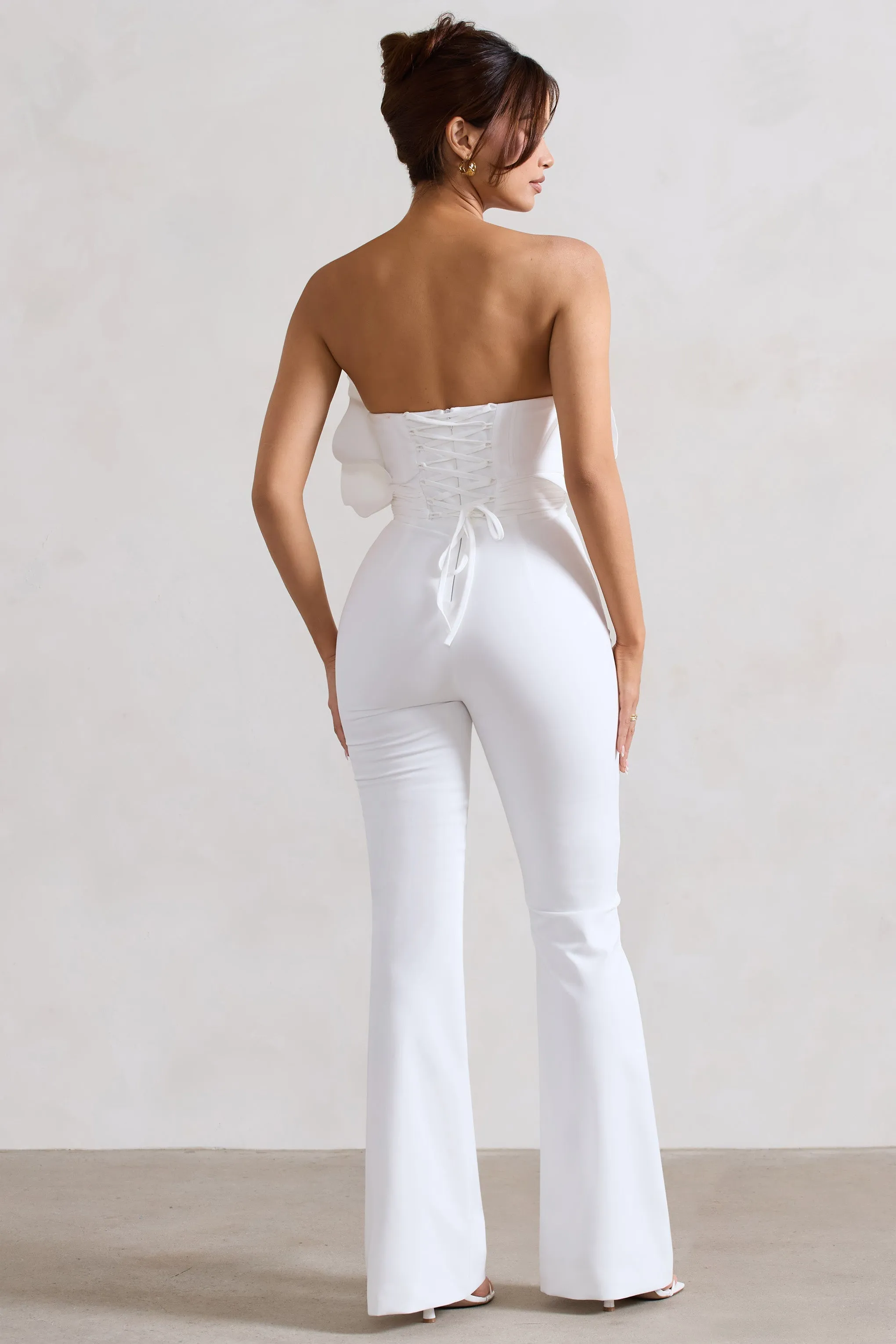 Nicia | White Ruffled Strapless Flared-Leg Jumpsuit