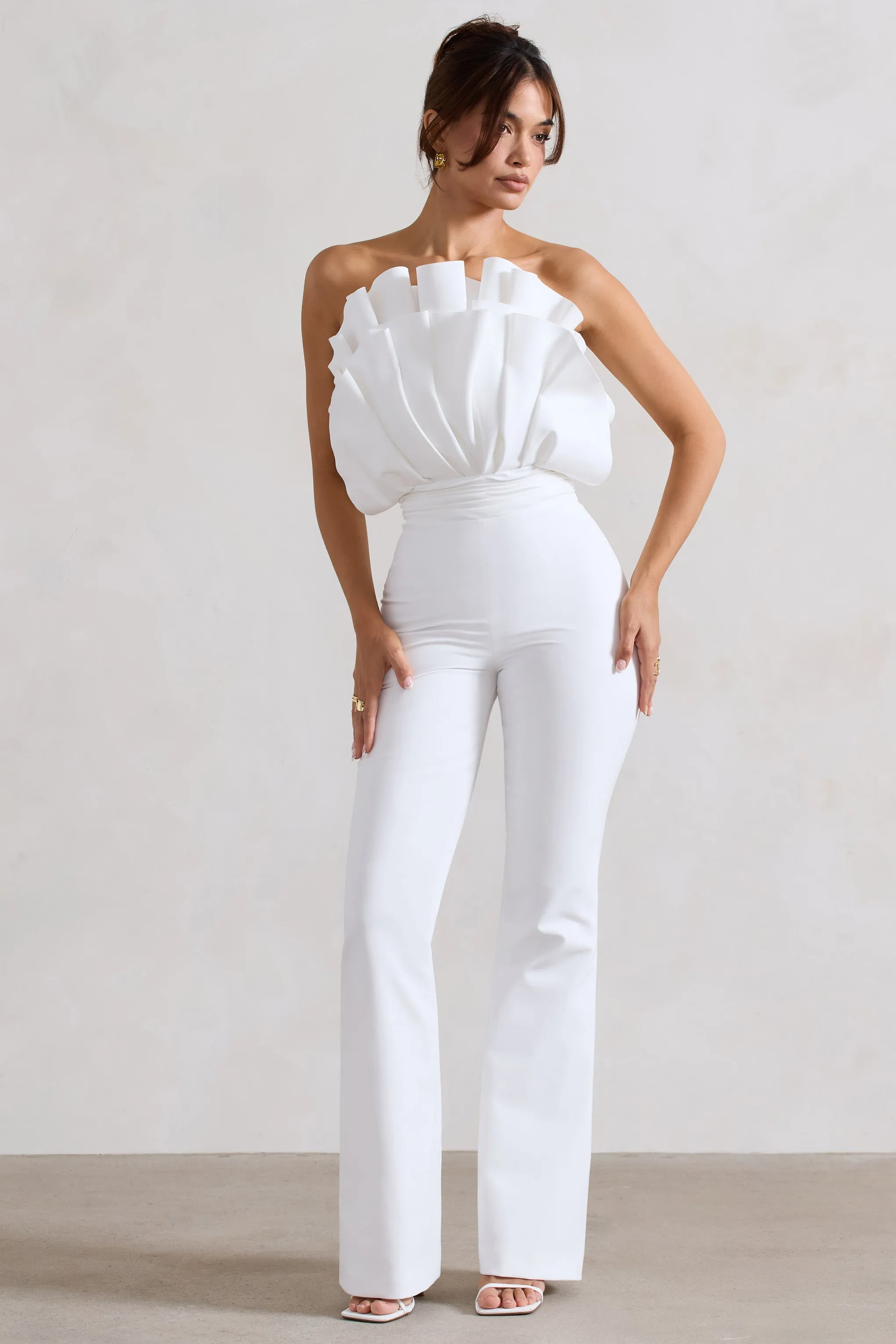 Nicia | White Ruffled Strapless Flared-Leg Jumpsuit