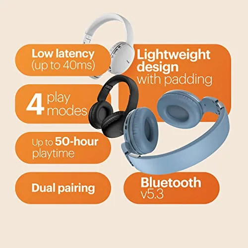 Noise Two Wireless On-Ear Headphones with 50 Hours Playtime, Low Latency(up to 40ms), 4 Play Modes, Dual Pairing, BT v5.3 (Calm White)