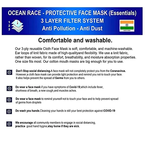 OCEAN RACE Cotton Anti Pollution 3 Layer Reuseable Face Mask (Petrol Blue,Wine,Grey,Indigo Blue,Black,Navy, Without Valve, Pack of 6) for Unisex