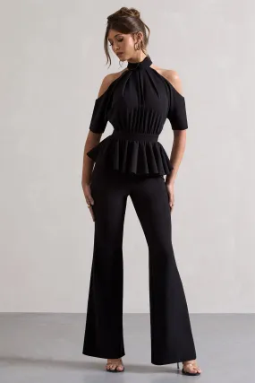 Osbourne | Black High-Neck Cut-Out Jumpsuit With Peplum Waist