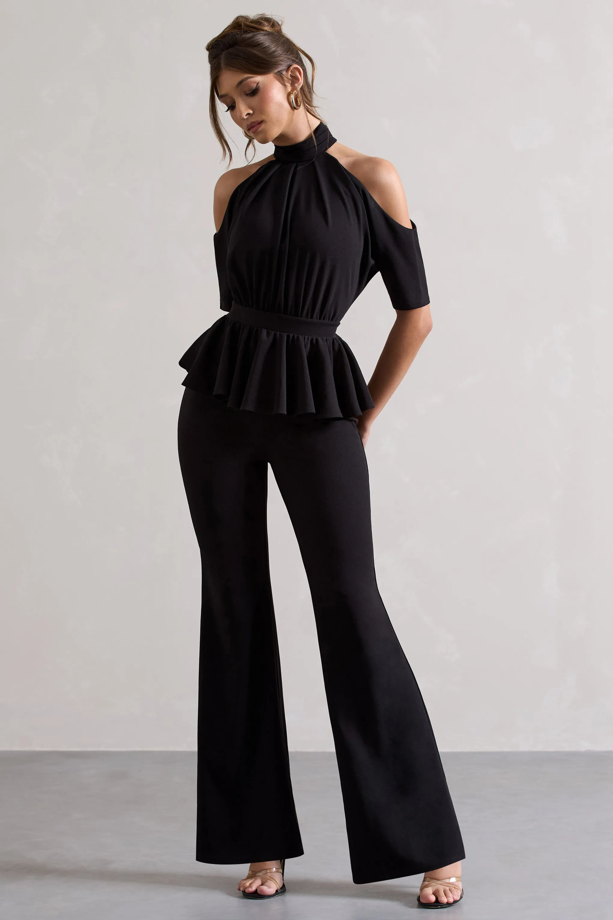 Osbourne | Black High-Neck Cut-Out Jumpsuit With Peplum Waist