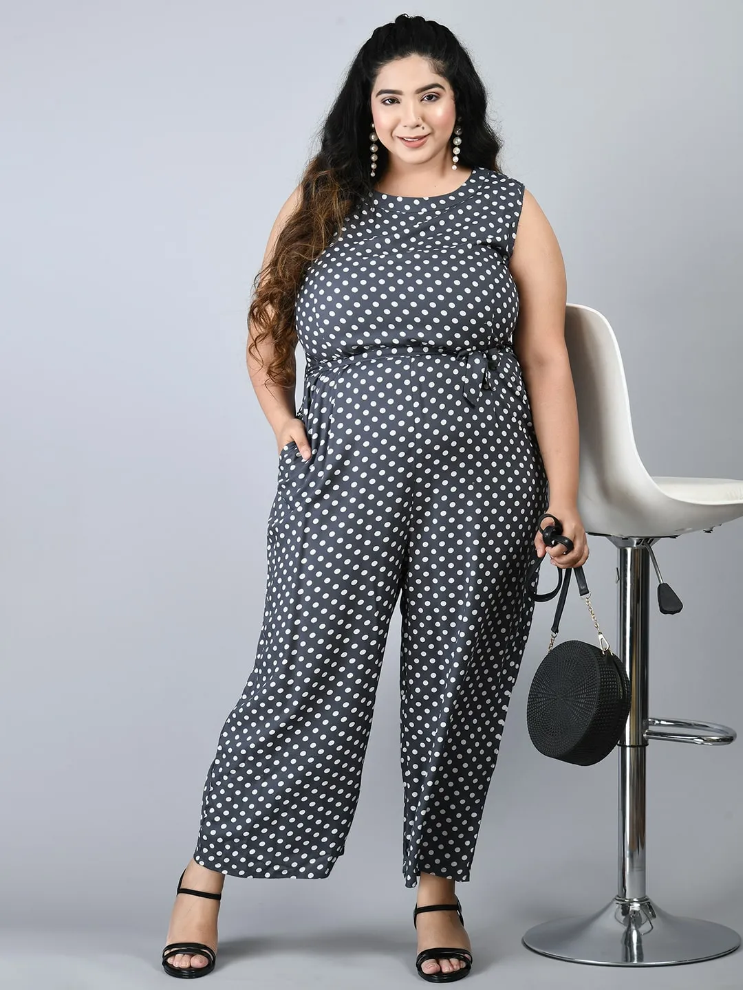 Plus Size Plus Size Polka Dot Grey Jumpsuit