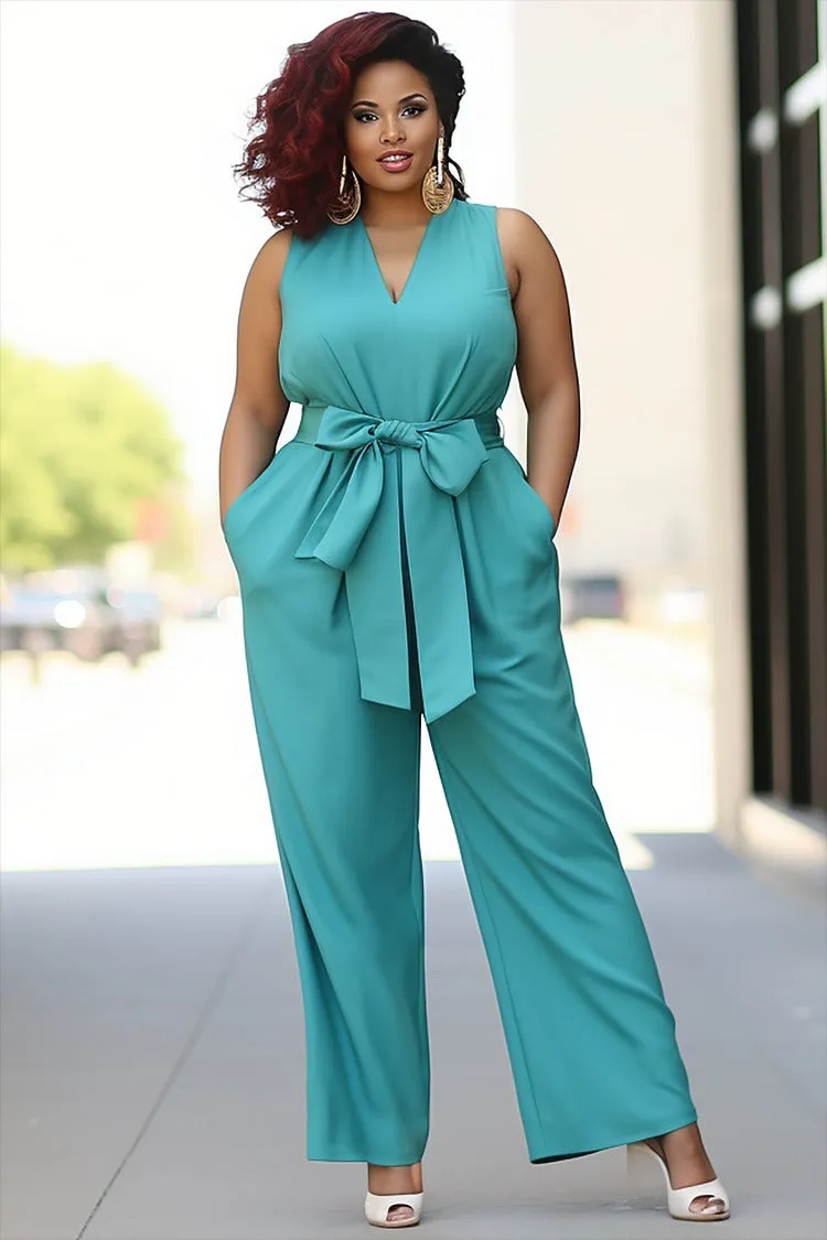 Plus Size Semi Formal Cyan V Neck Bow Tie Pocket Jumpsuit