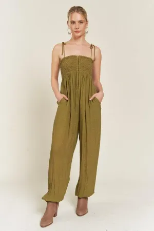 Plus Size Shoulder Tie Smocked Jumpsuit