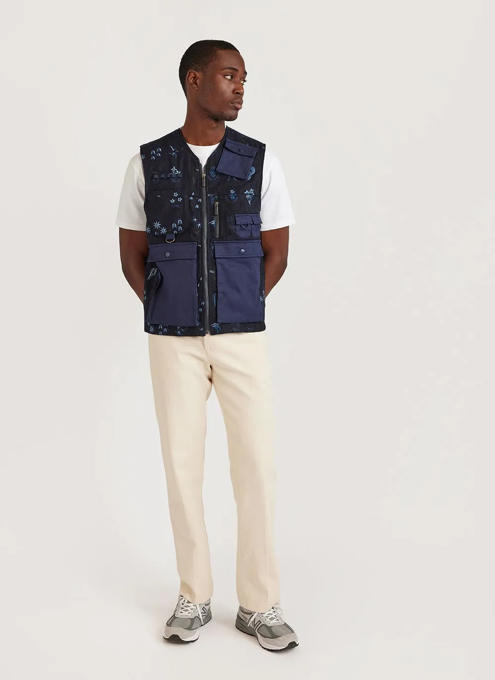 Saga Tapestry Gilet | Embroidered Wool | Navy