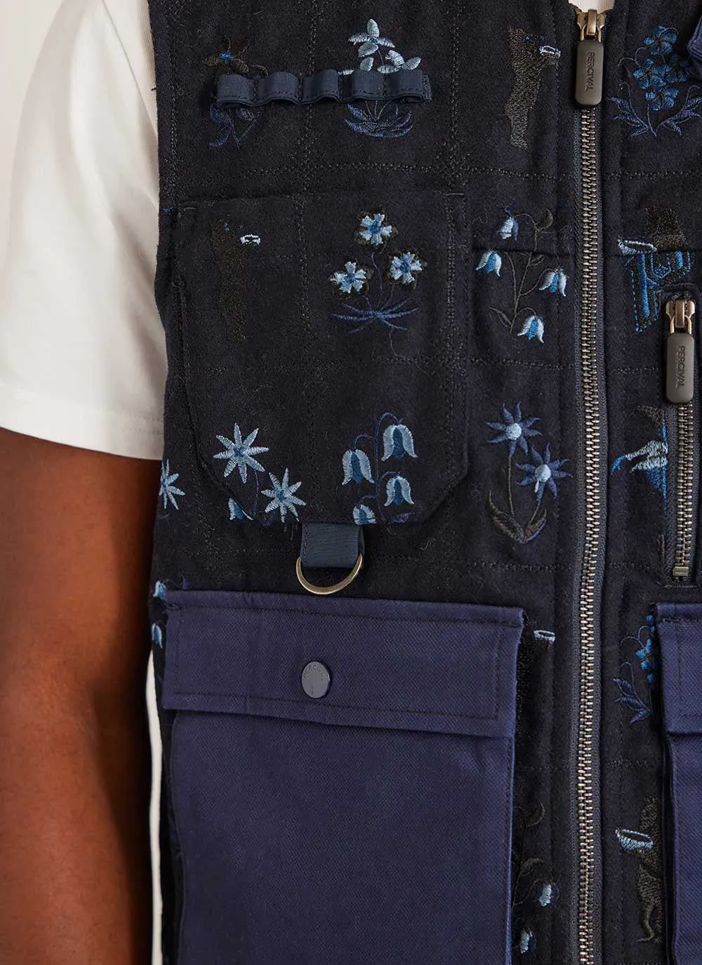 Saga Tapestry Gilet | Embroidered Wool | Navy