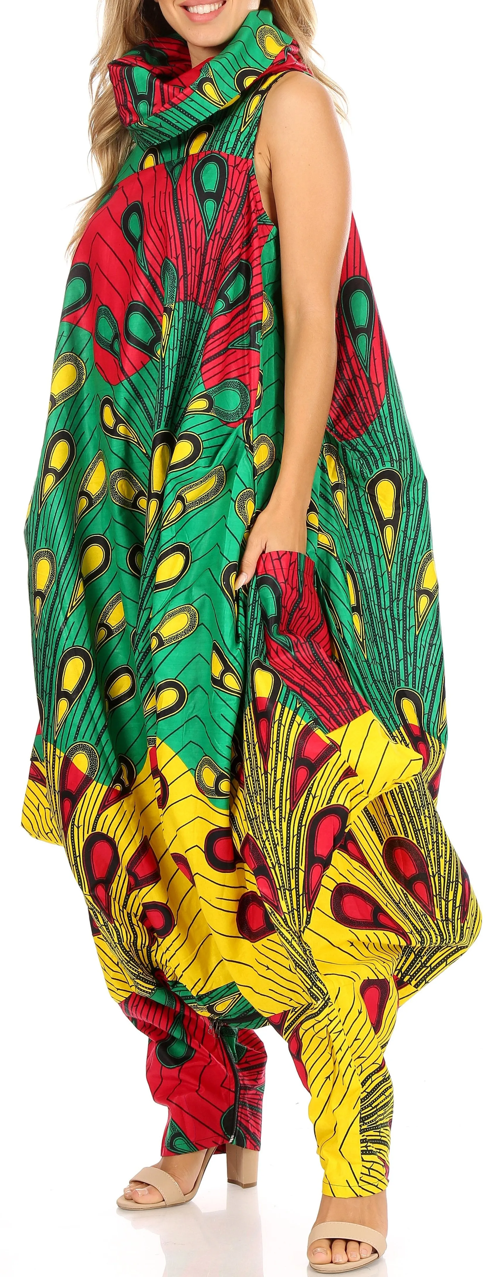 Sakkas Loa Women's African Ankara Print Maxi Harem Jumpsuit Dress Sleeveless