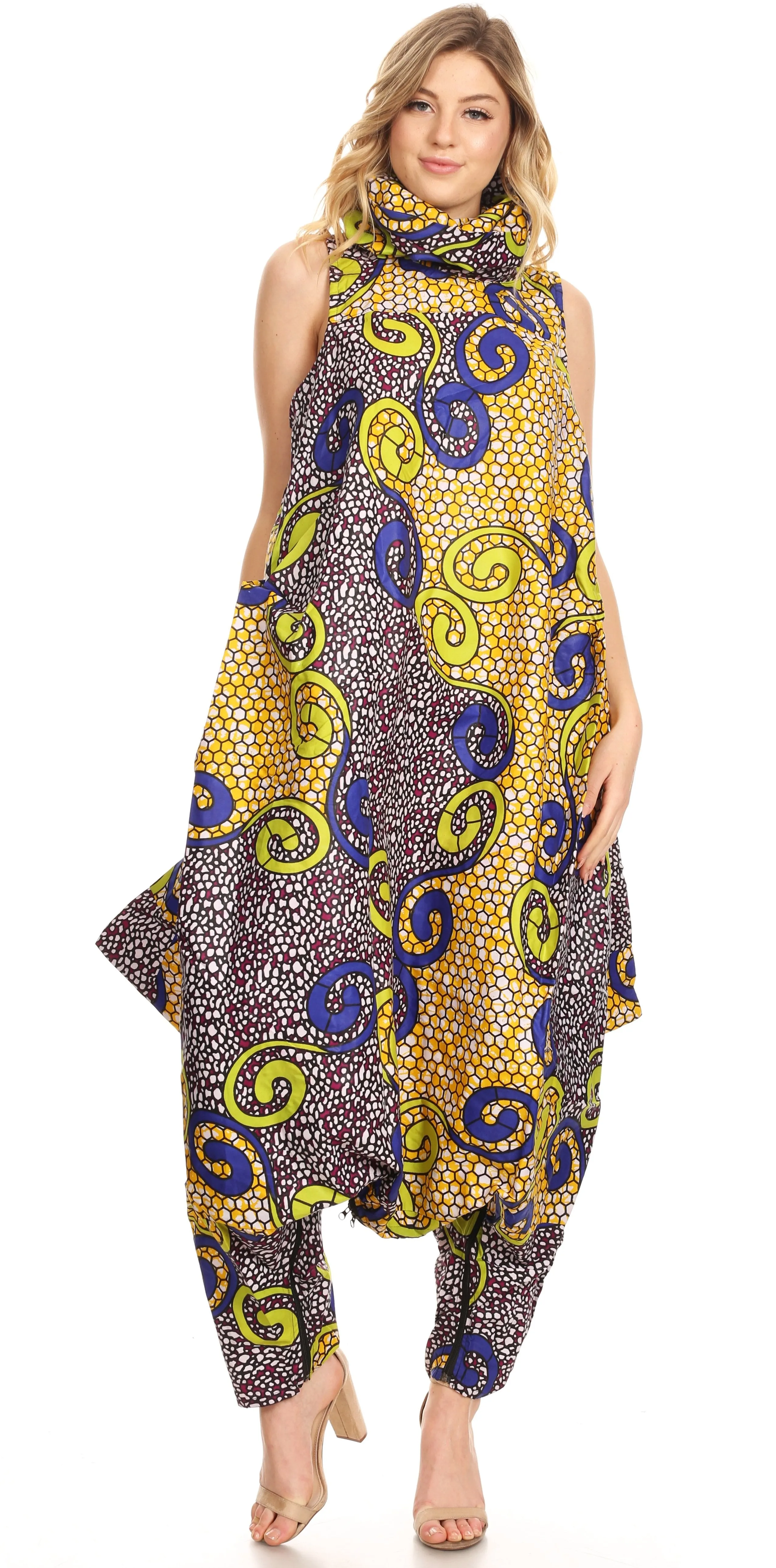 Sakkas Loa Women's African Ankara Print Maxi Harem Jumpsuit Dress Sleeveless