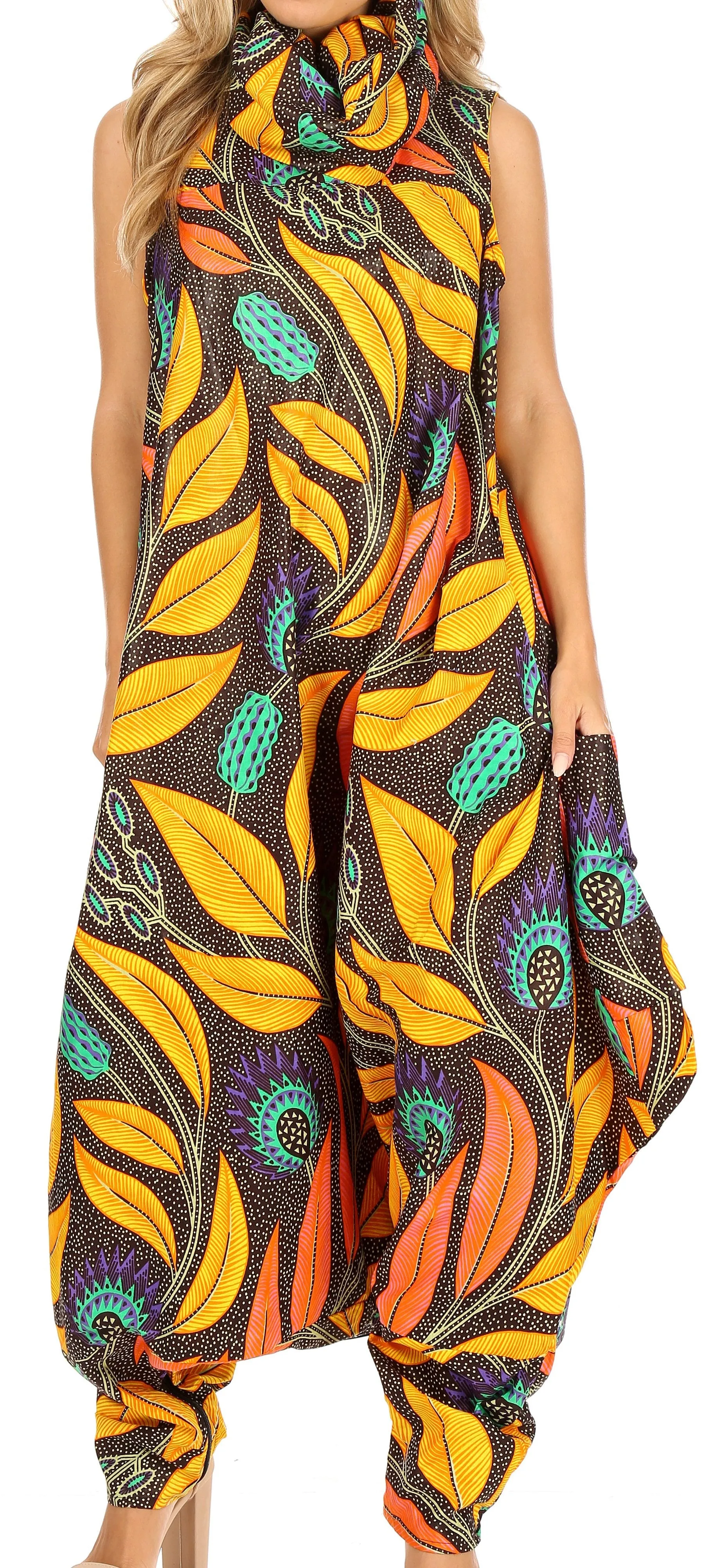 Sakkas Loa Women's African Ankara Print Maxi Harem Jumpsuit Dress Sleeveless